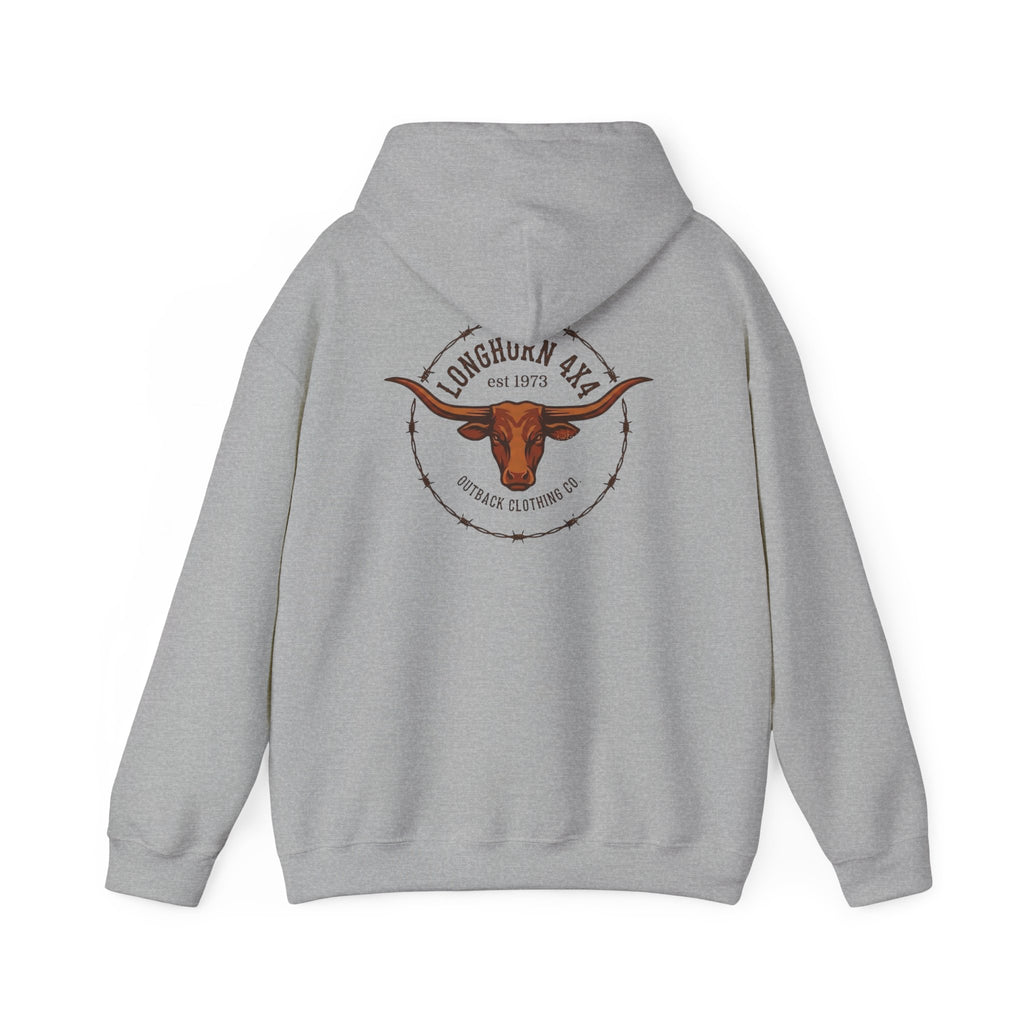 Gray hoodie with a longhorn logo on the back against a white background
