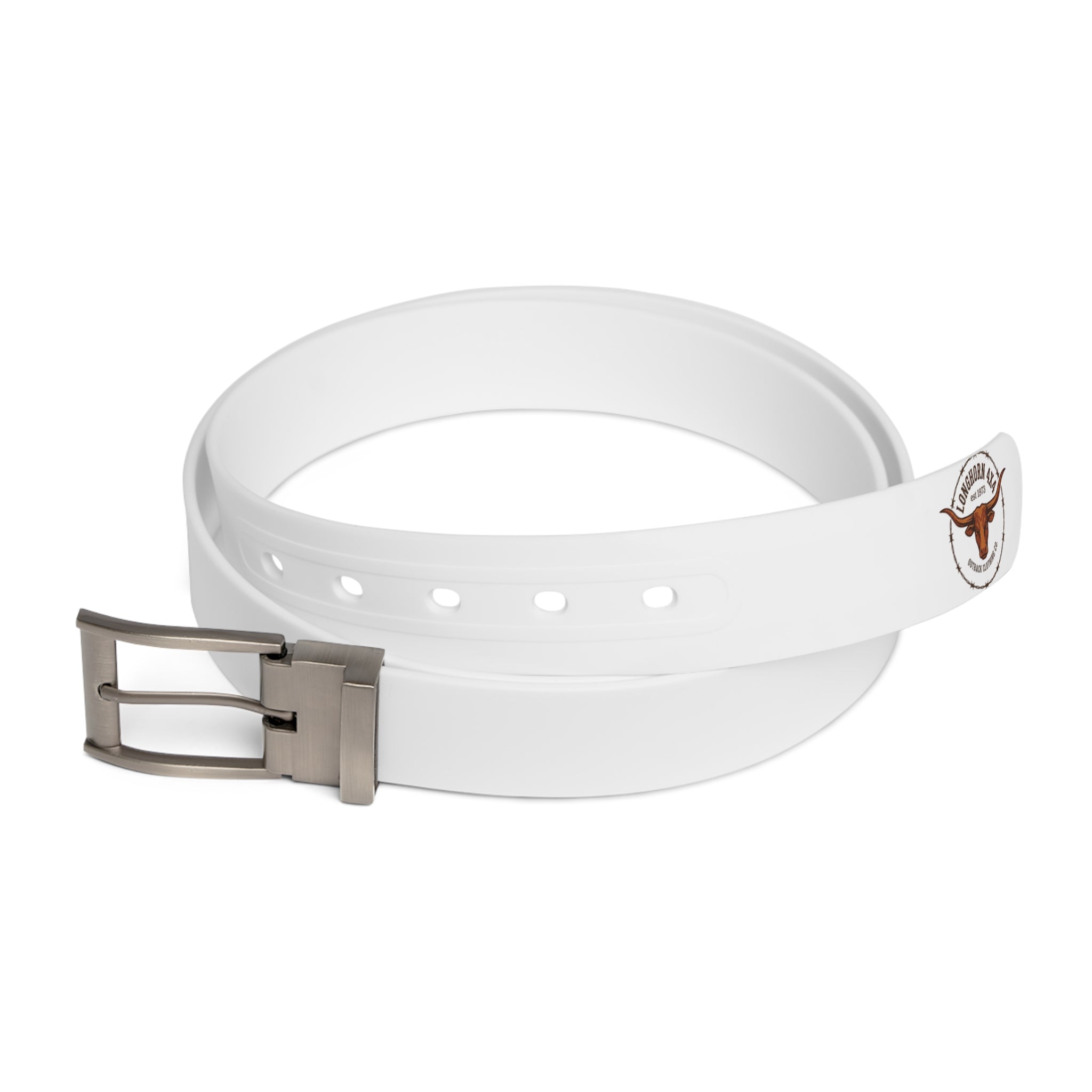 White belt with a silver buckle on a white background
