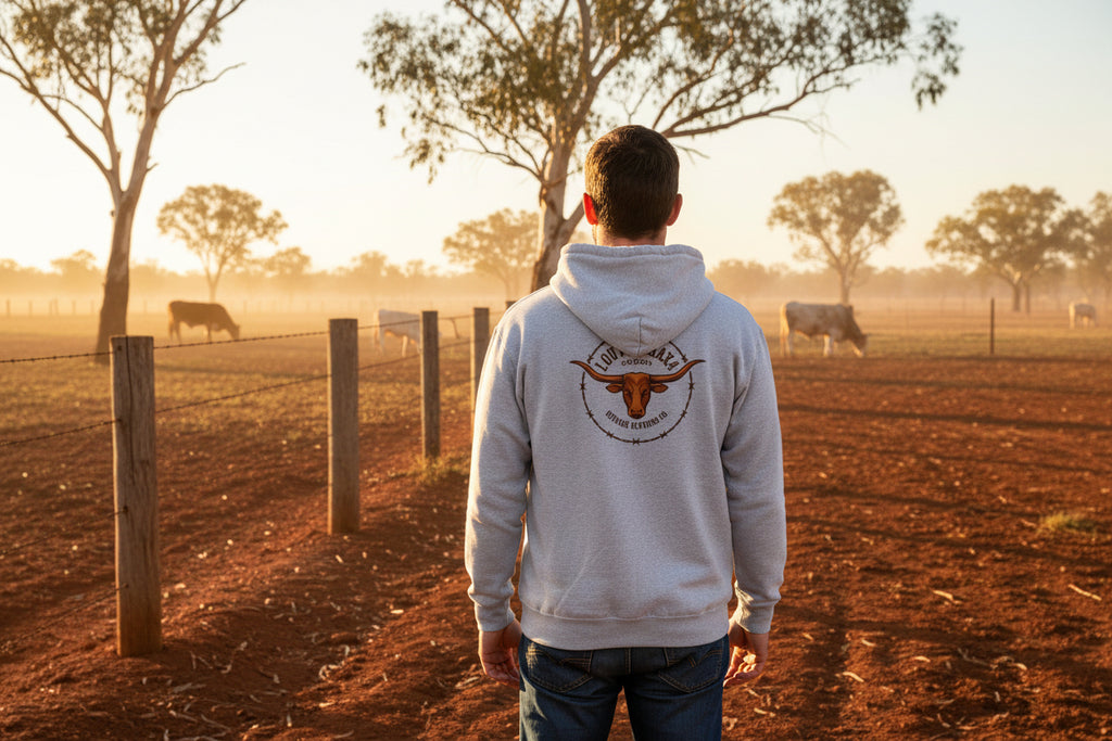 Gray hoodie with a longhorn bull logo on the back against a  background With and Australian Cowboy on a ranch