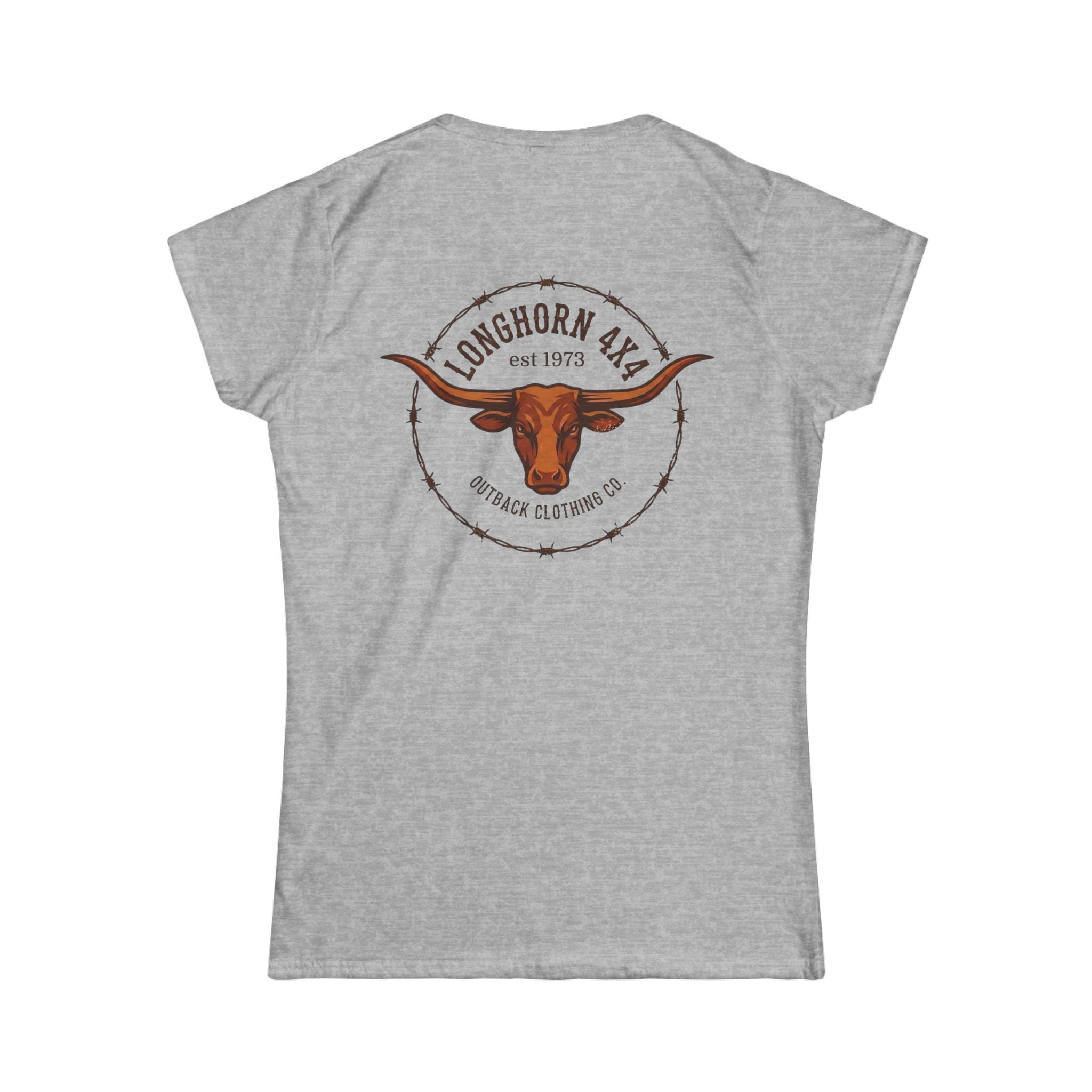 Gray t-shirt with a longhorn logo on a white background