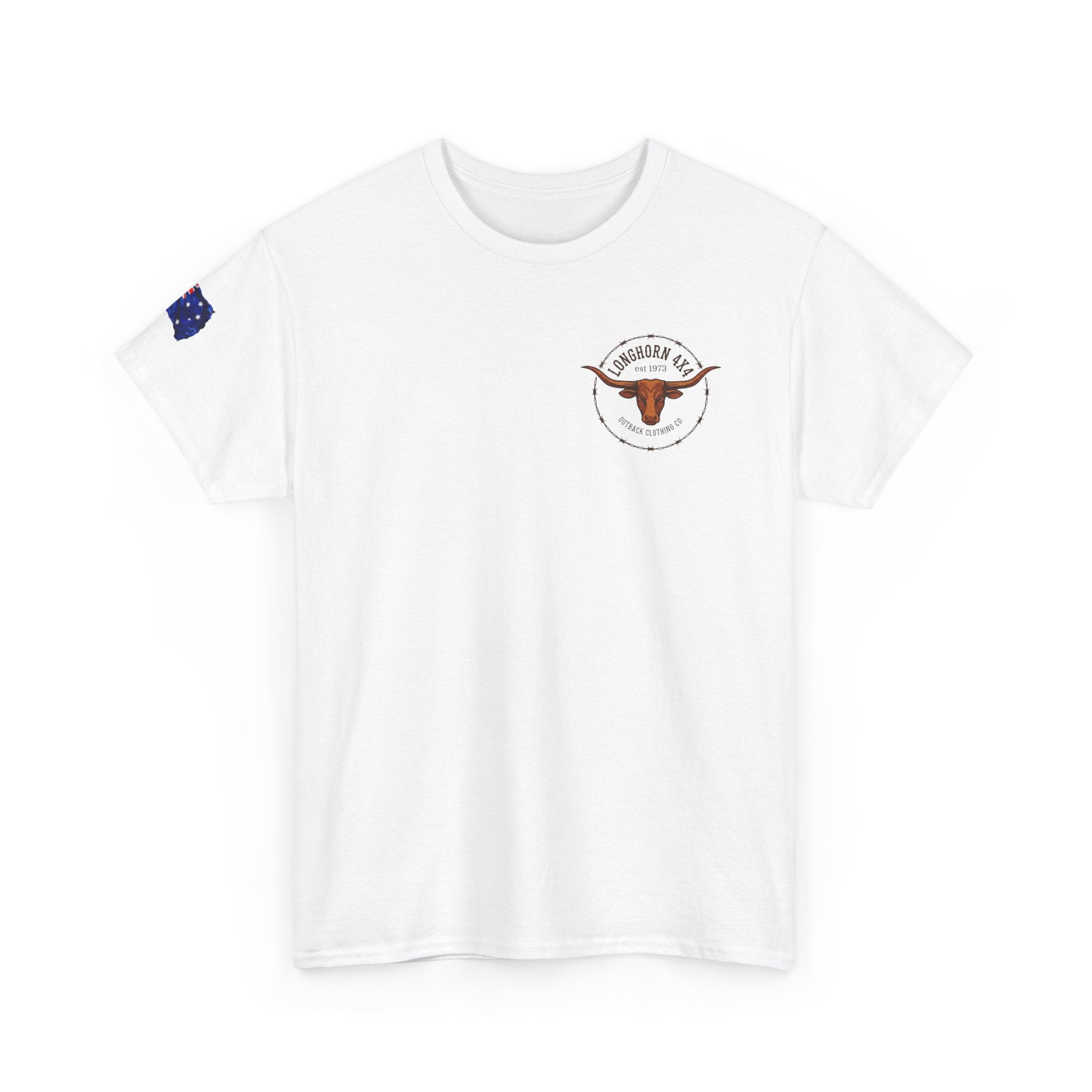 White t-shirt with logos on the sleeve and chest against a white background