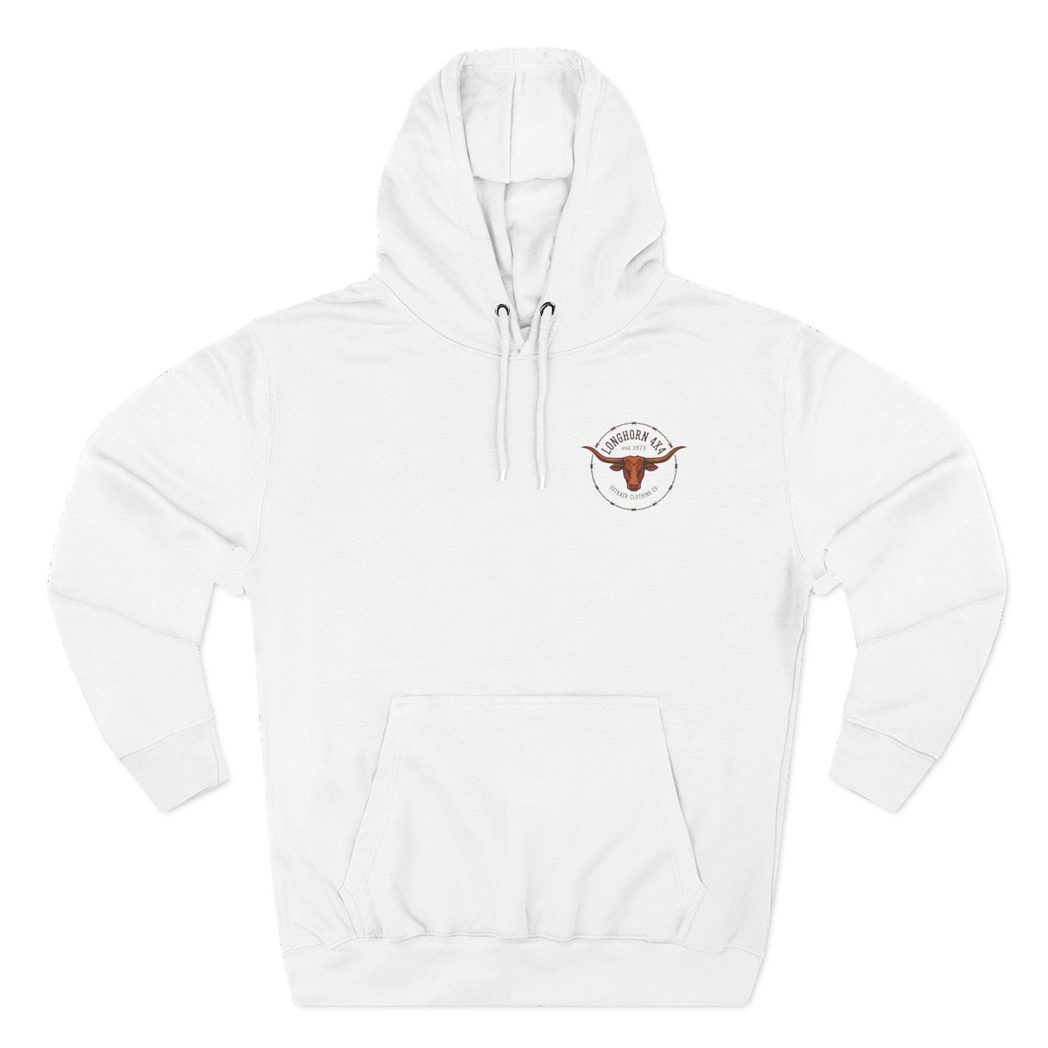 White hoodie with a logo on the chest against a white background