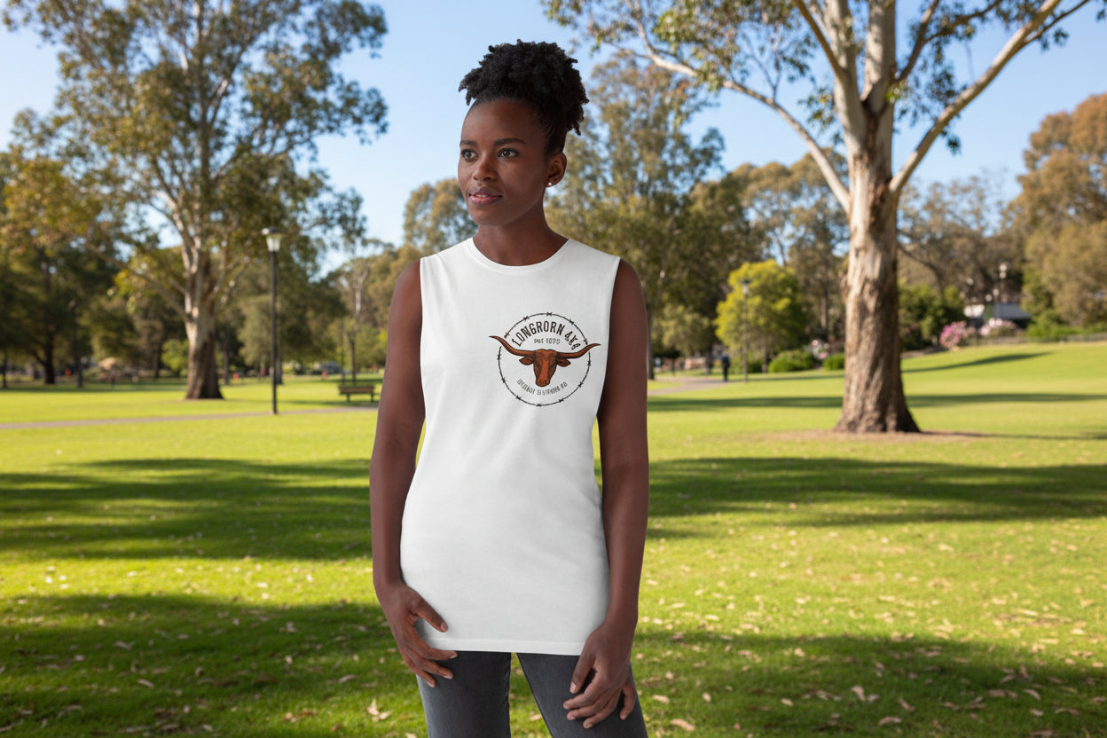 Woman wearing a white sleeveless shirt with a logo against a plain background