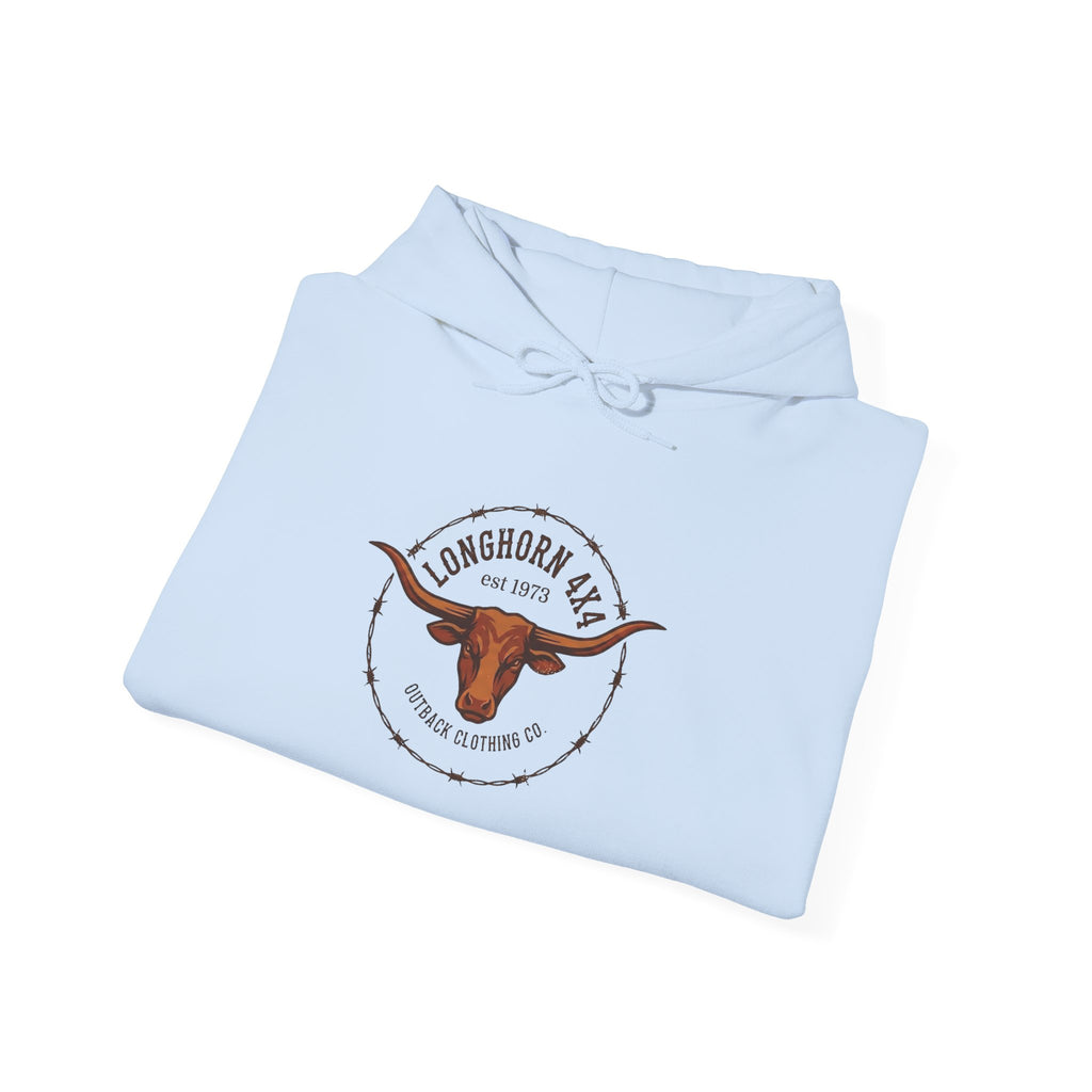 Light blue hoodie with a longhorn logo on a white background