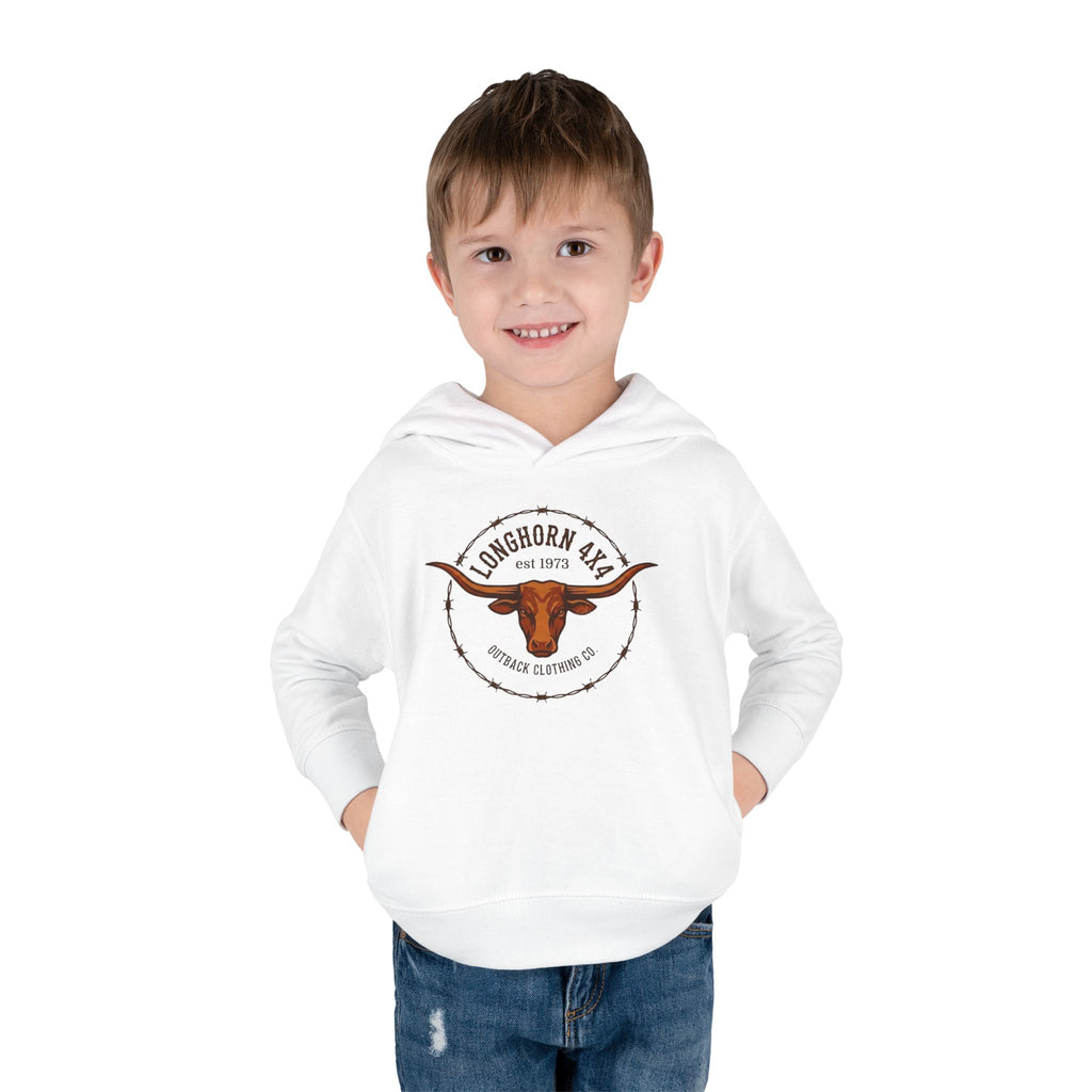 Child wearing a white hoodie with a logo on a white background