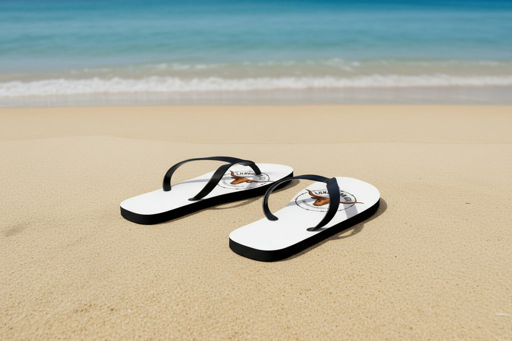 White flip-flops with a logo on the straps against a Sandy and ocean background