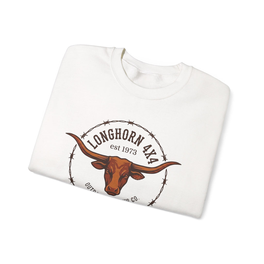 Folded white sweatshirt with longhorn logo on a white background