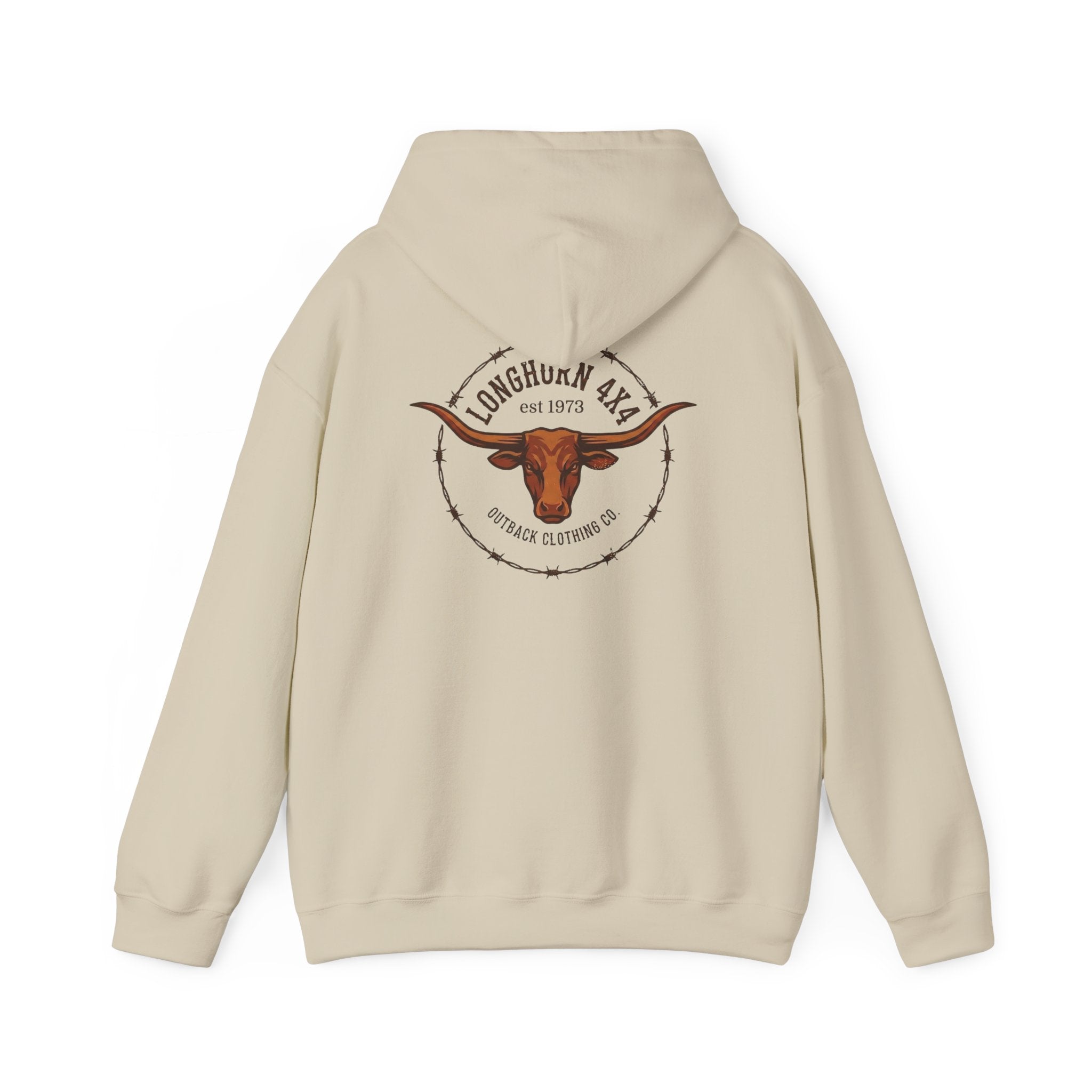 Beige hoodie with a longhorn logo on the back against a white background