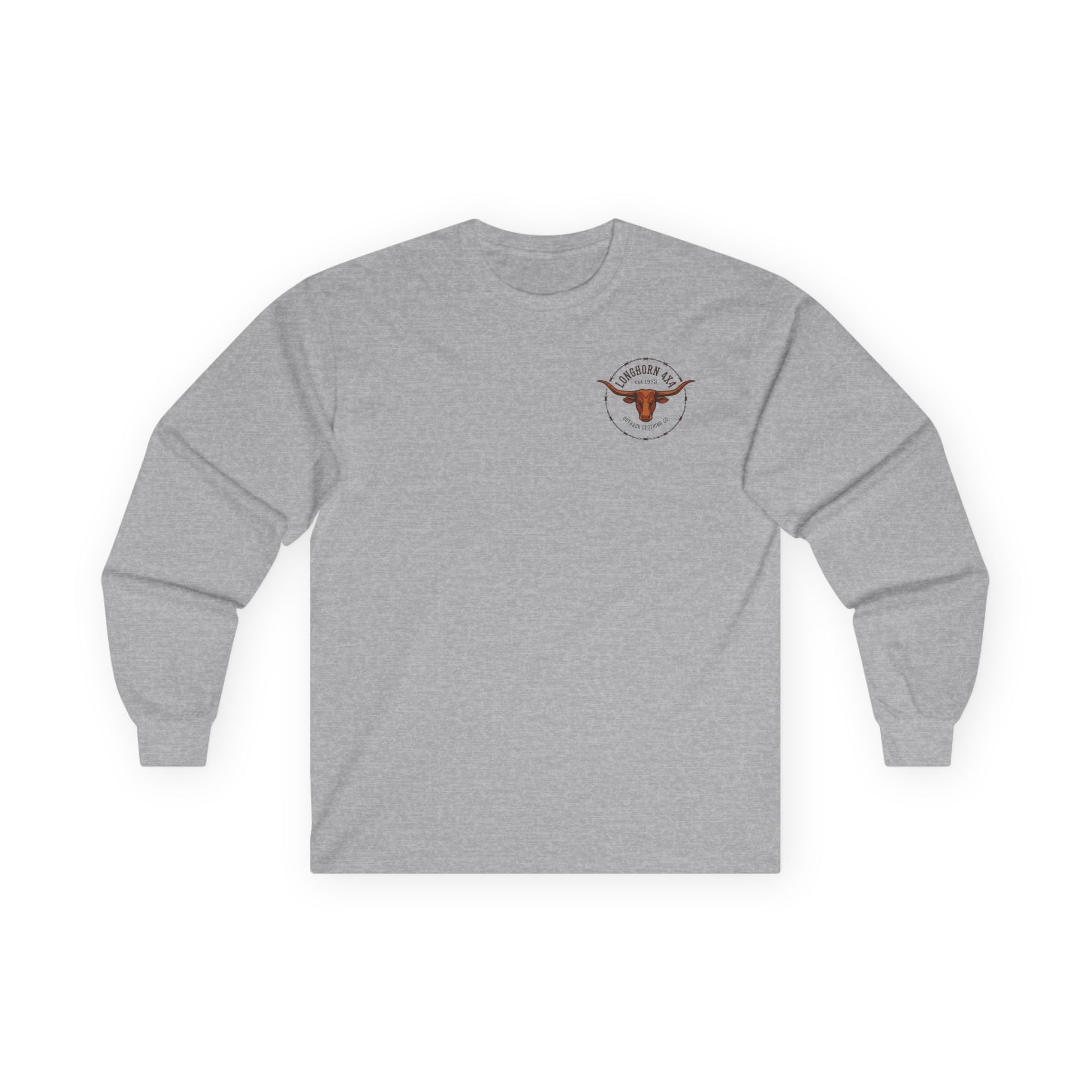 Gray long-sleeve shirt with a logo on the chest against a white background