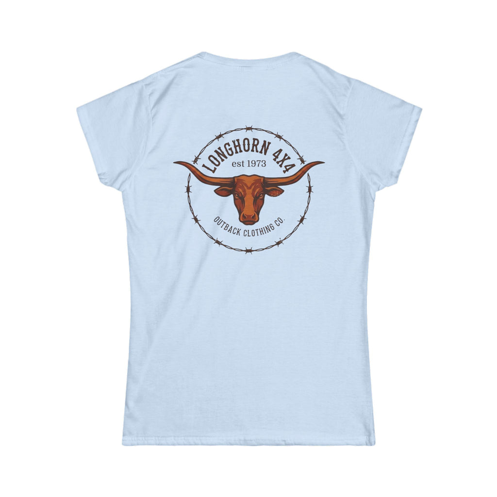 Light blue t-shirt with a longhorn logo on the back against a white background