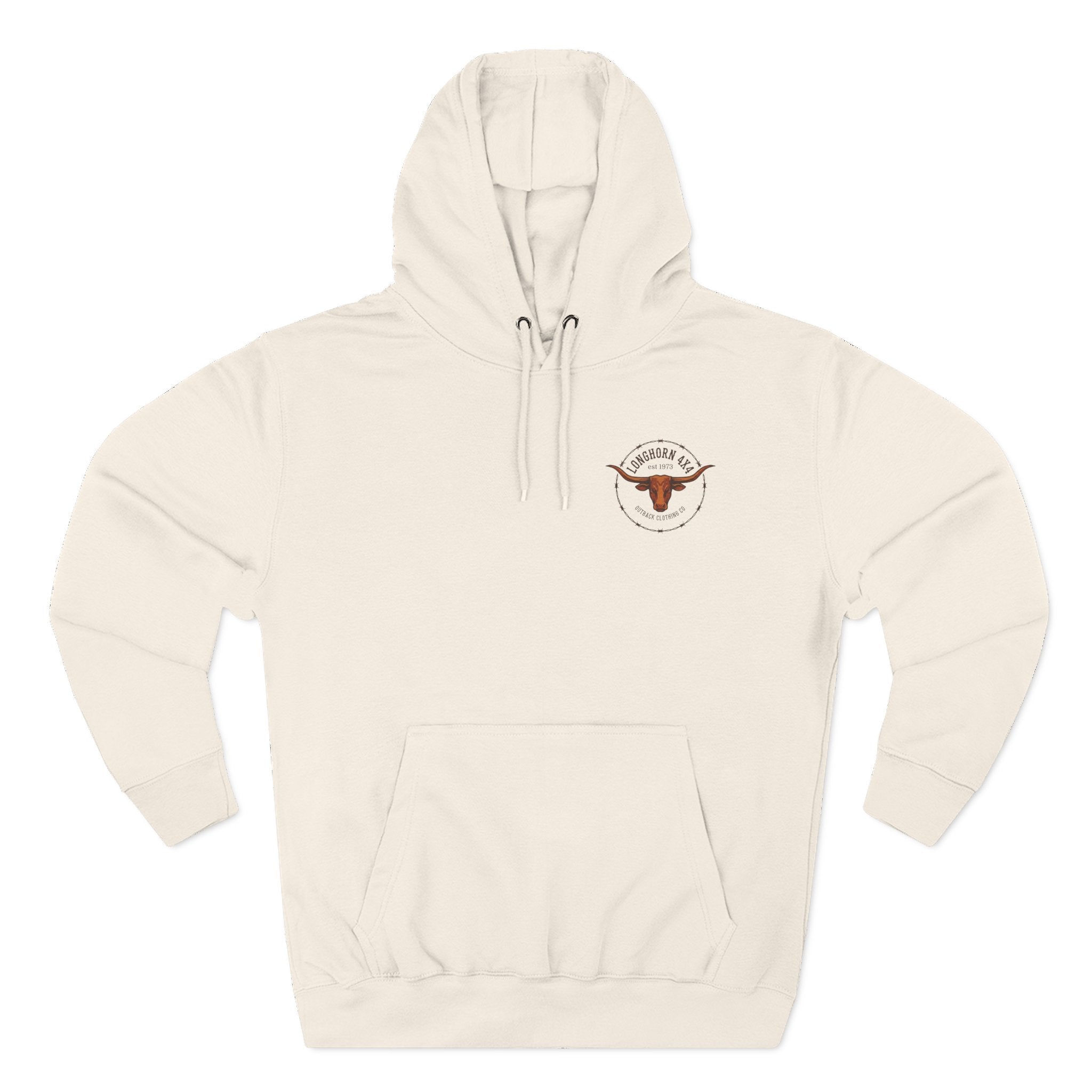 Beige hoodie with a logo on the chest against a white background