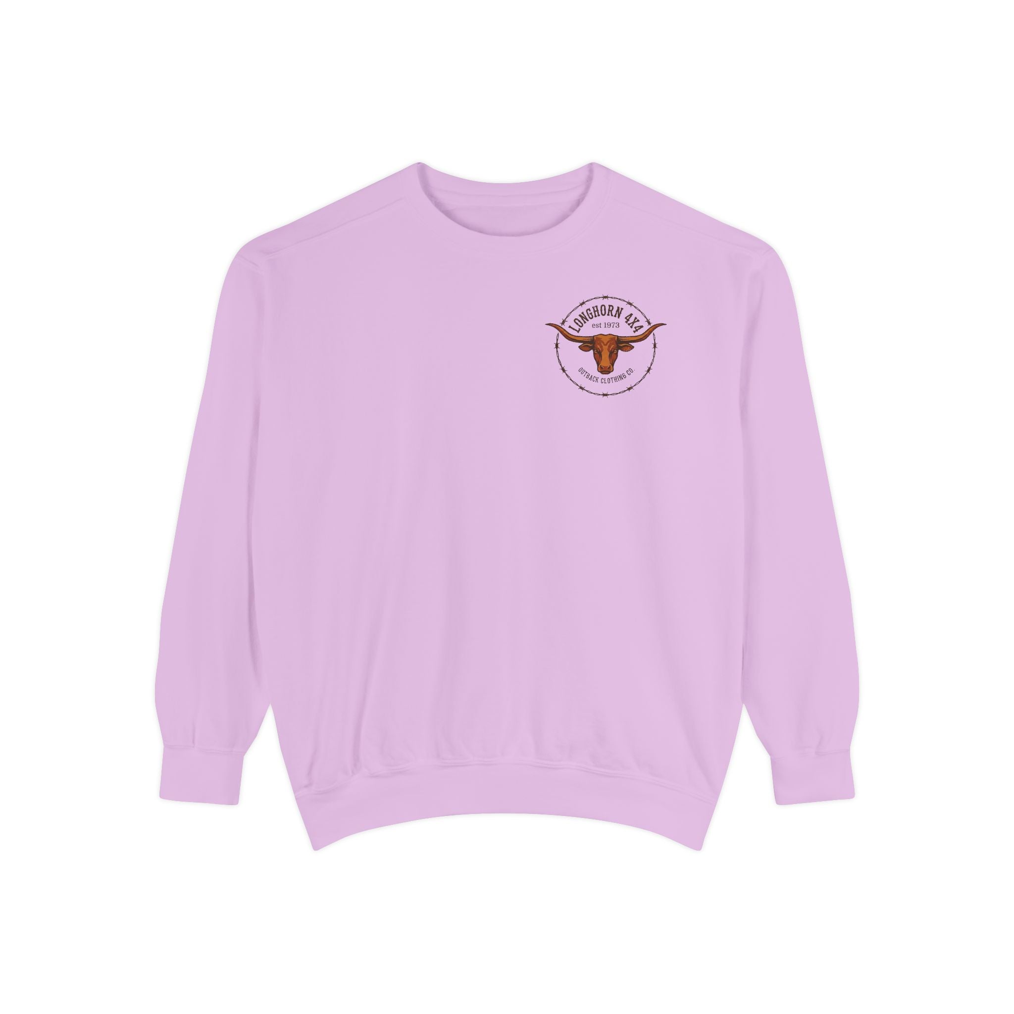 Light purple sweatshirt with a logo on a white background