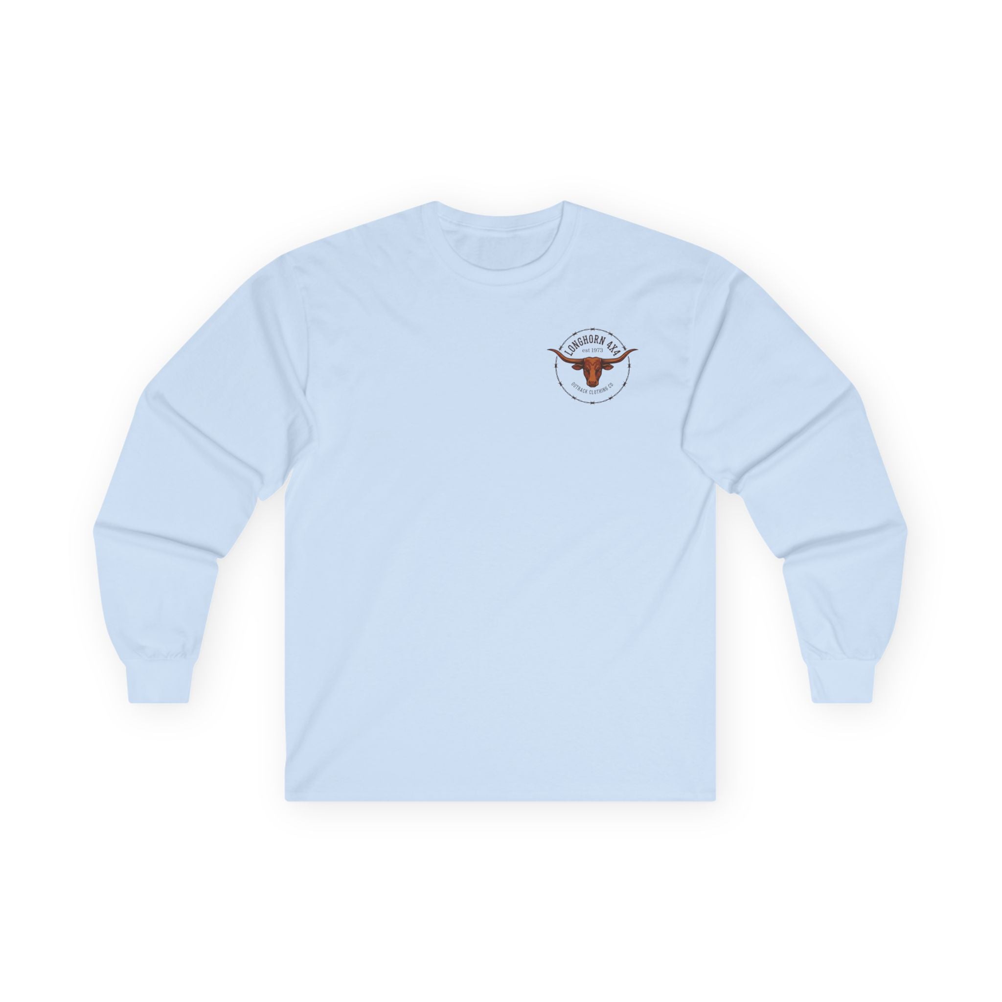 Light blue long-sleeve shirt with a logo on a white background