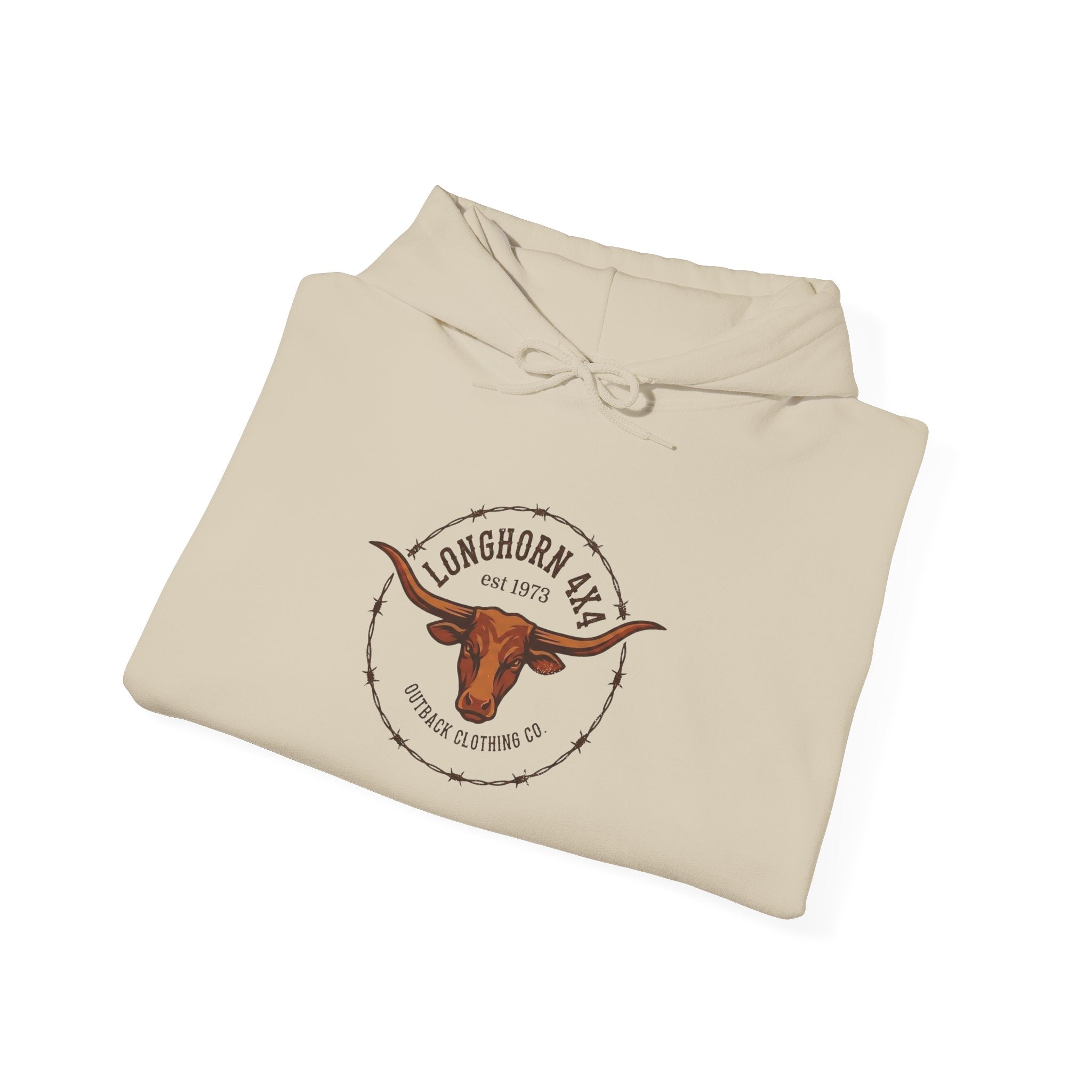 Beige hoodie with a longhorn logo on a white background