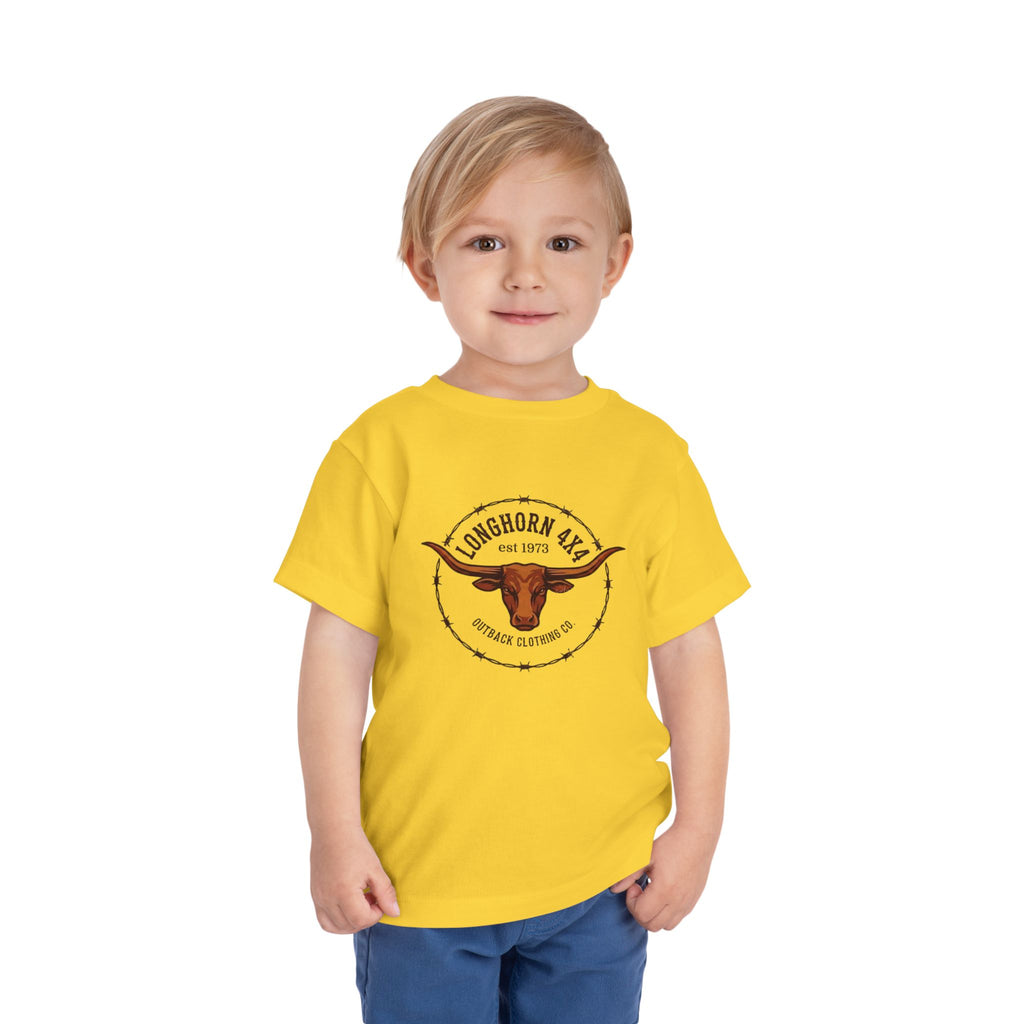 Child wearing a yellow t-shirt with a longhorn logo on a white background