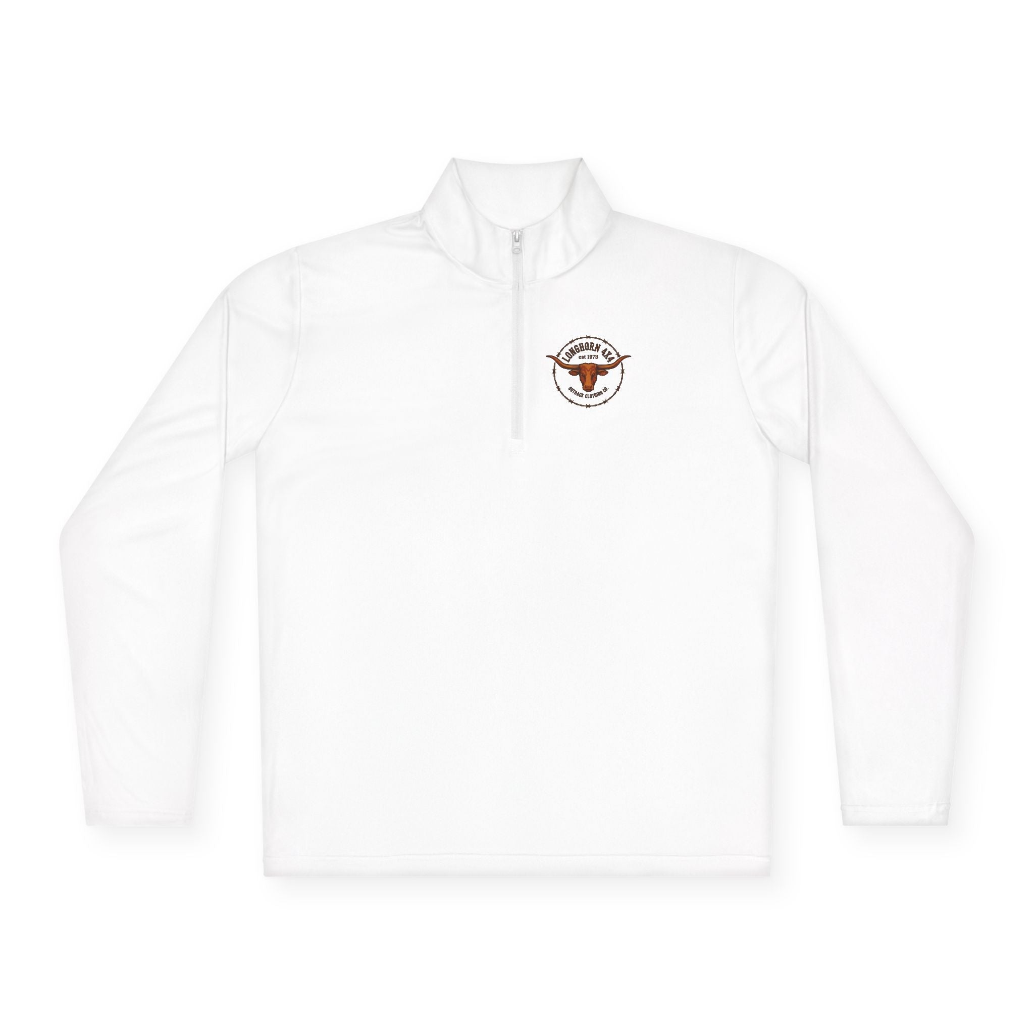 White long-sleeve shirt with a logo on the chest against a white background