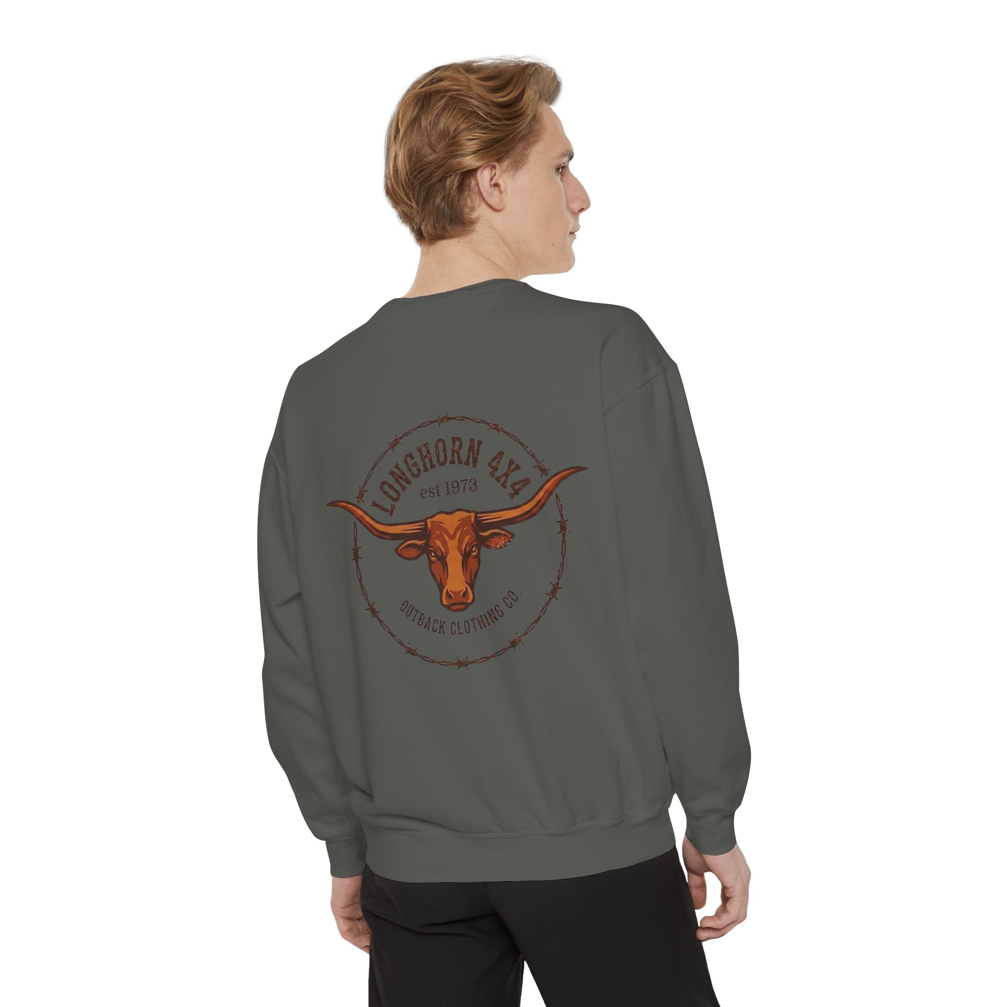 Person wearing a gray sweatshirt with a longhorn logo on the back