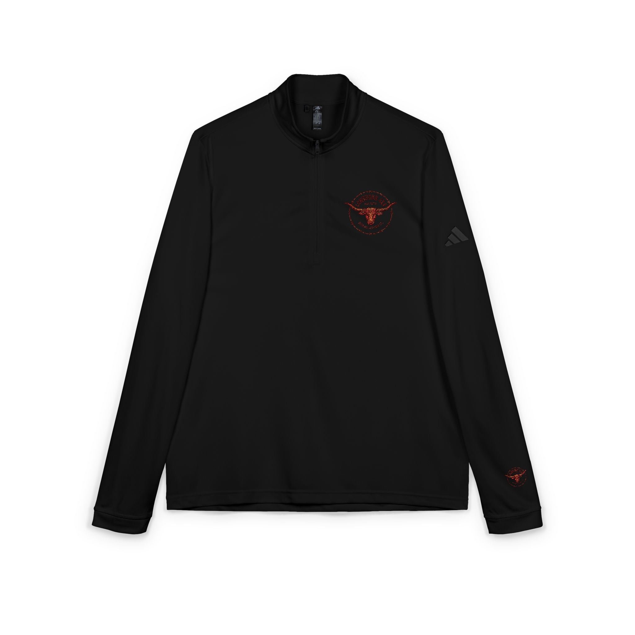 Embroidered Quarter-Zip Pullover — Minimal Red Wreath Logo