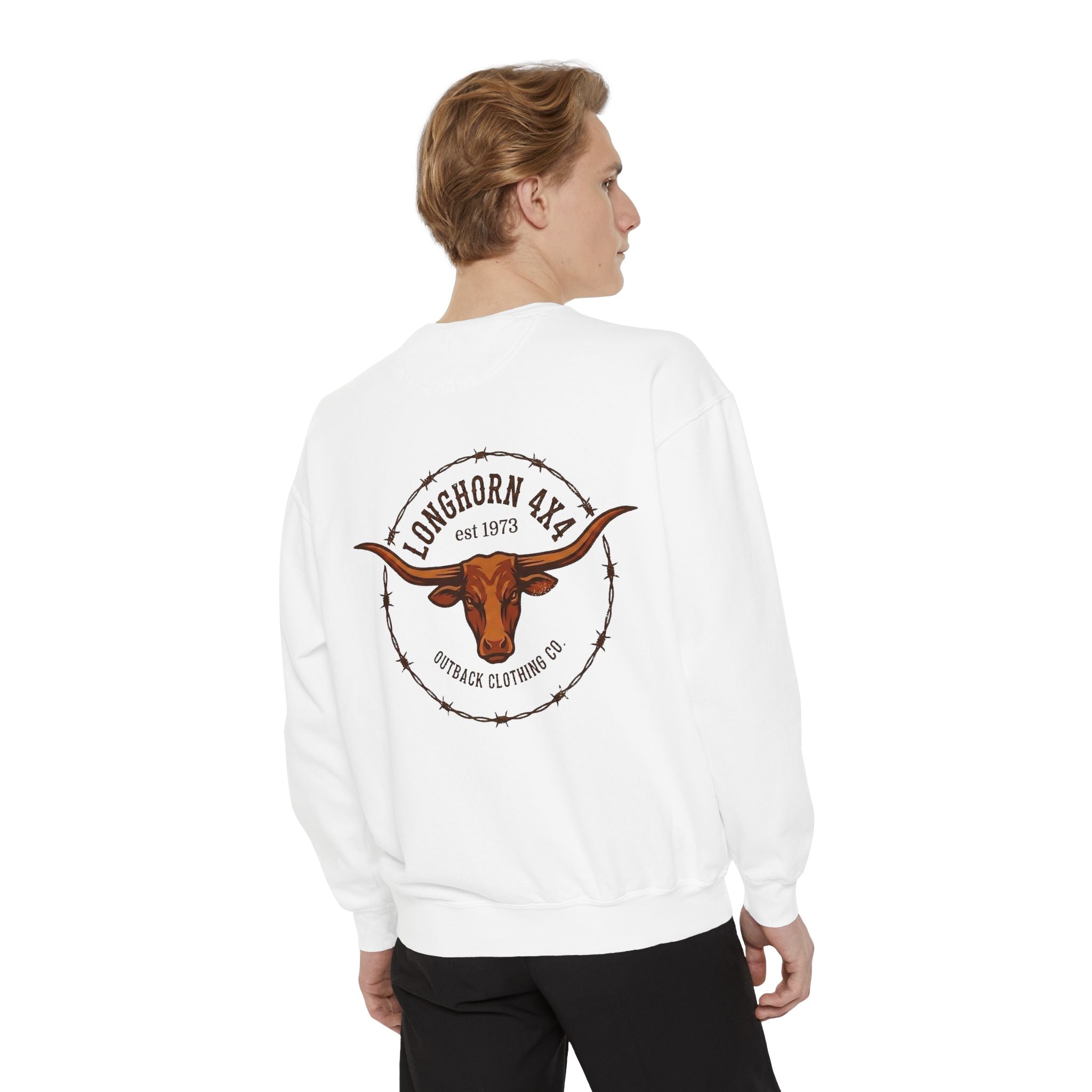 Person wearing a white sweatshirt with a longhorn logo on the back