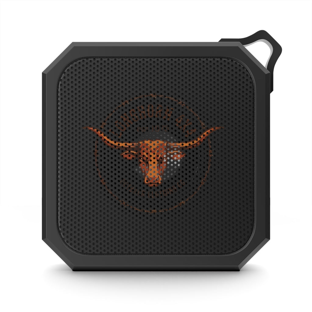 Black portable speaker with a bull logo on a white background