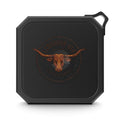 Black portable speaker with a bull logo on a white background