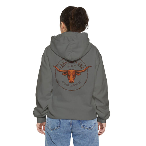 Longhorn 4x4 Coffee Ring Hoodie — Garment-Dyed Logo Sweatshirt