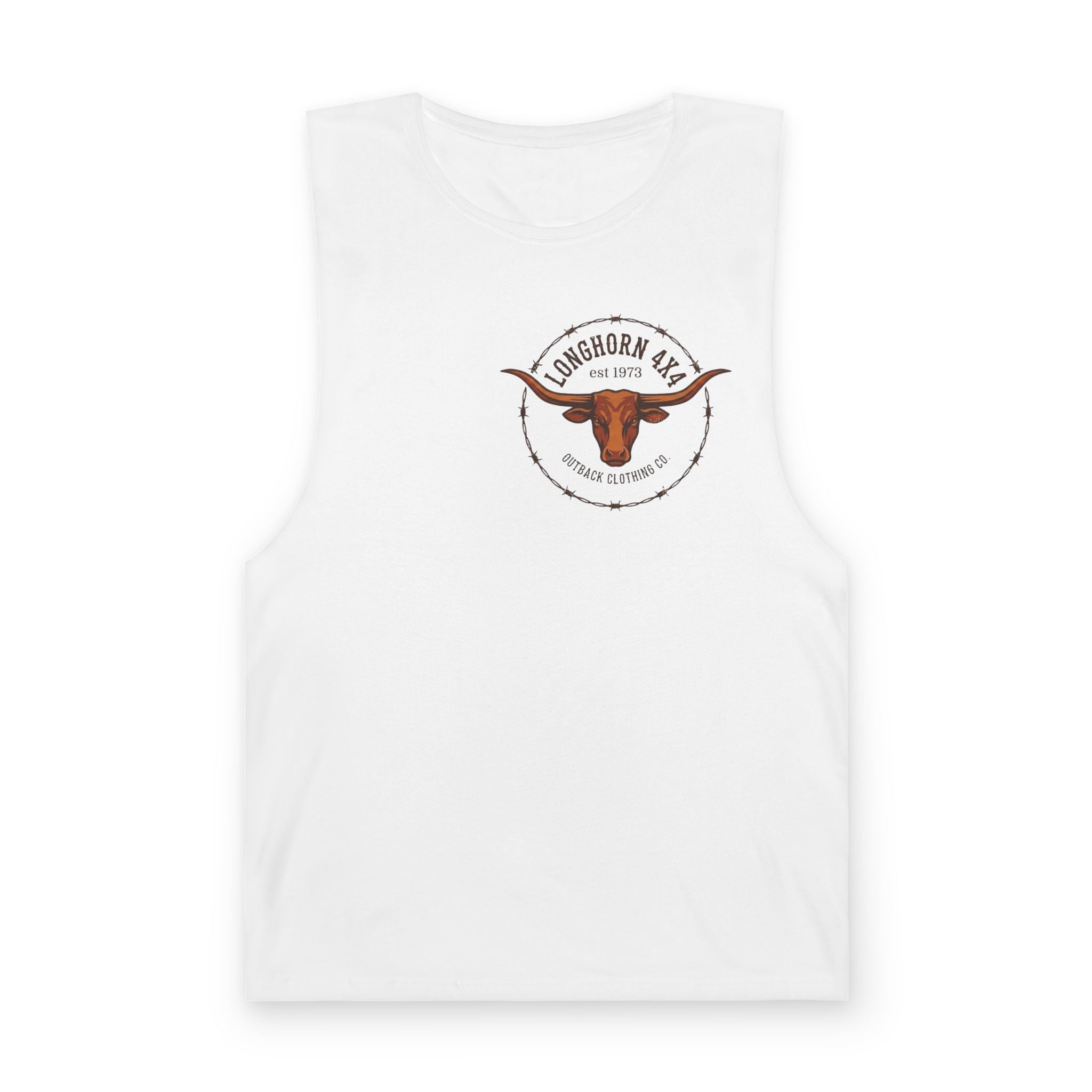White sleeveless shirt with a logo on a white background