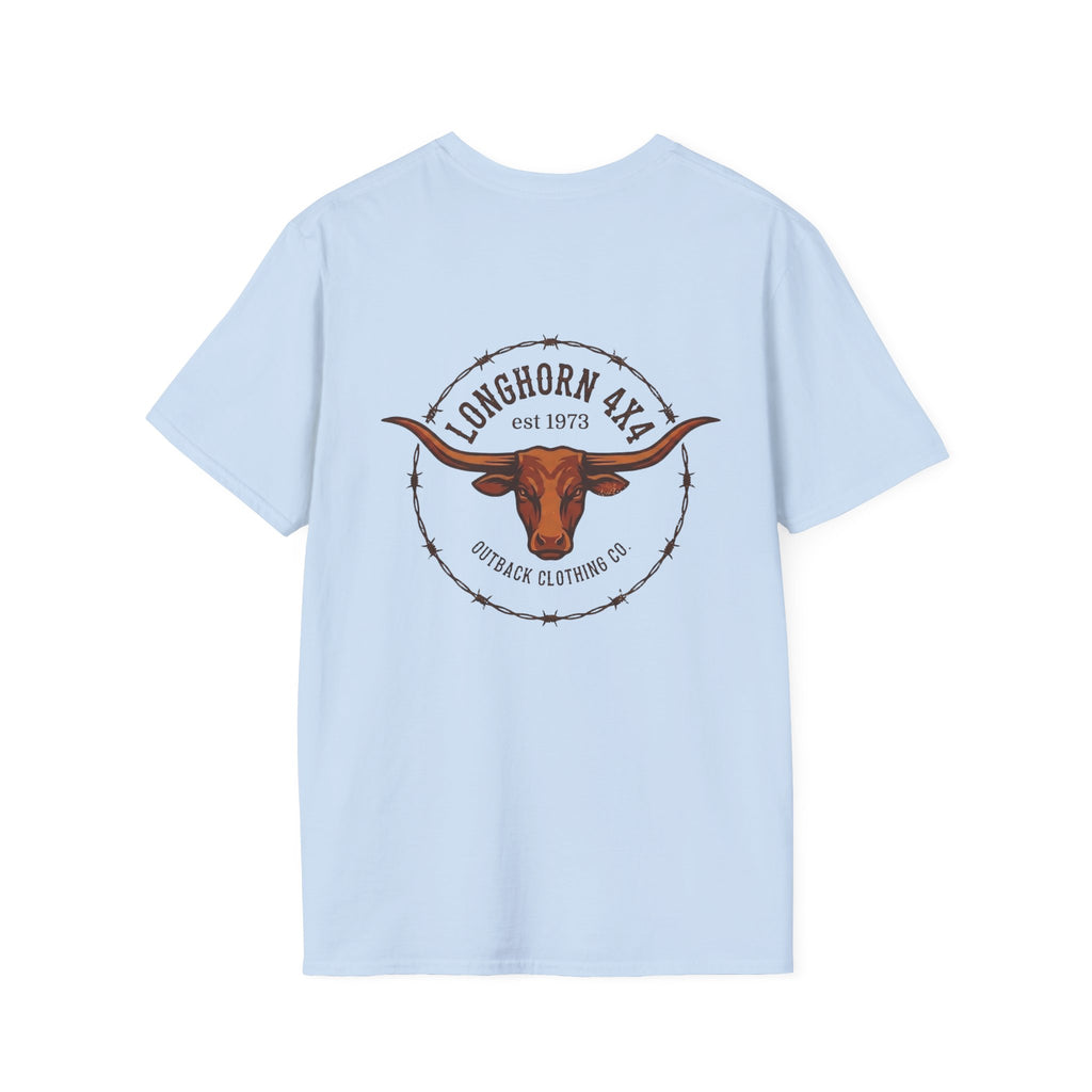 Light blue t-shirt with a longhorn design and 'Longhorn Axe' text on the back, on a white background.