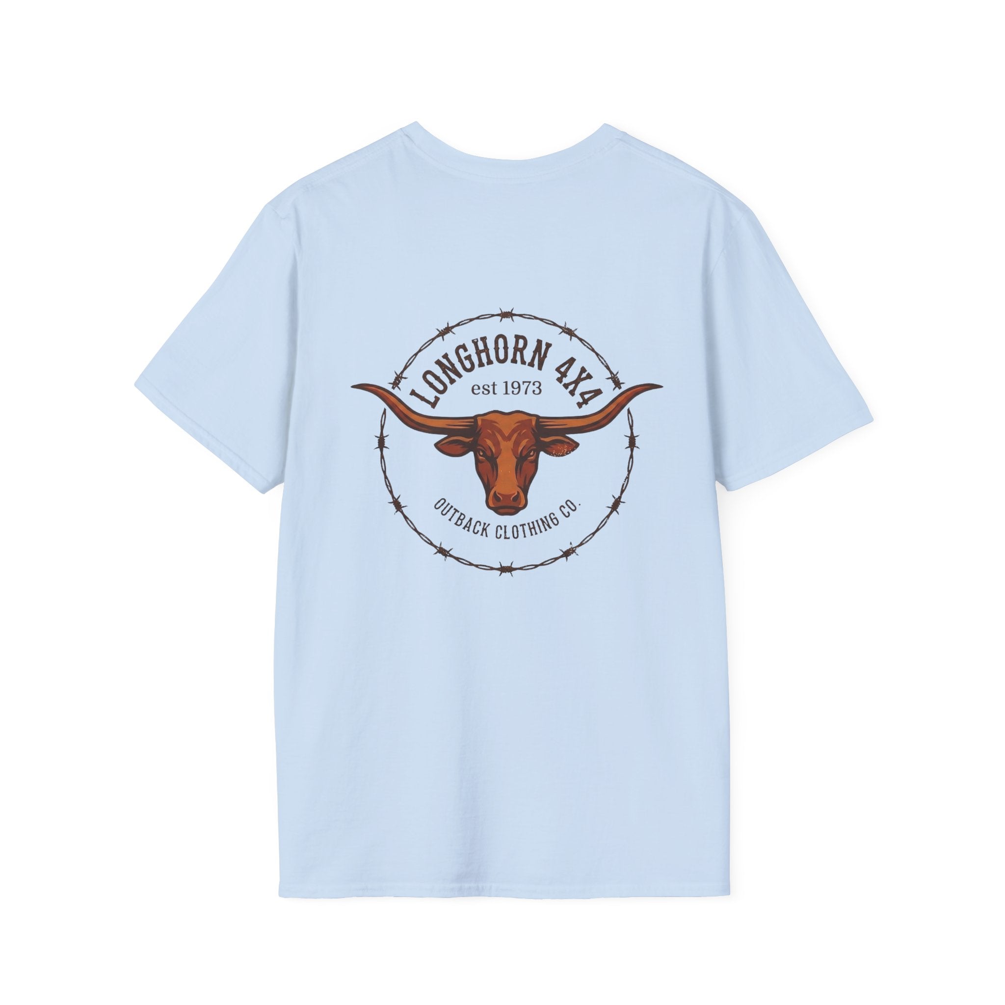 Light blue t-shirt with a longhorn design and 'Longhorn Axe' text on the back, on a white background.