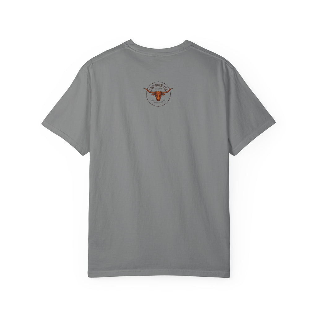 Gray t-shirt with a logo on the back against a white background
