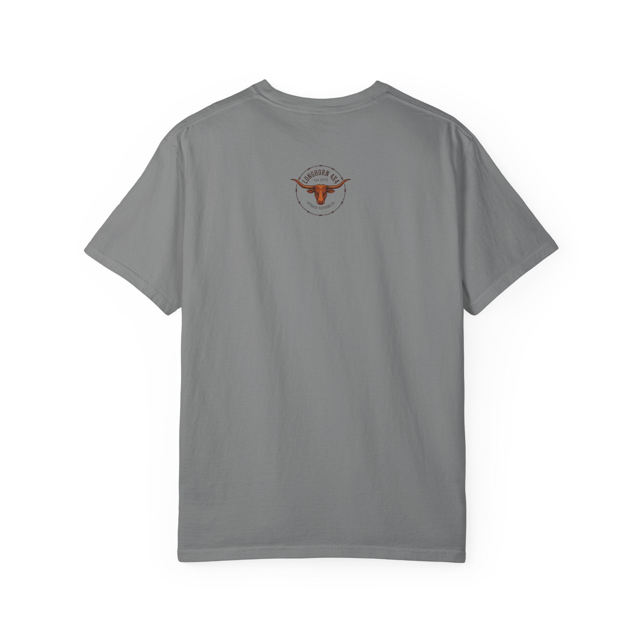 Gray t-shirt with a logo on the back against a white background