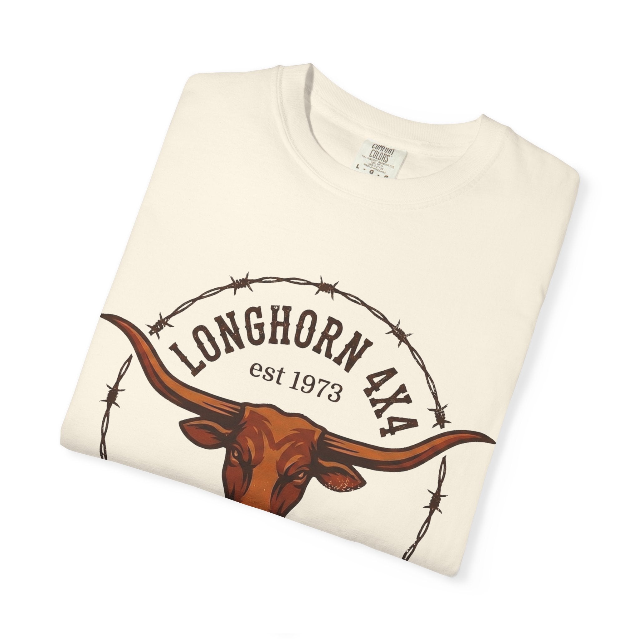 Folded t-shirt with longhorn design and 'Longhorn 4x4' text on a white background
