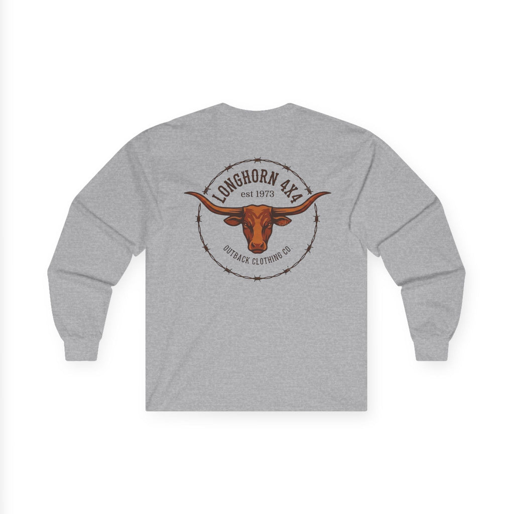 Gray long-sleeve shirt with a logo on the back featuring a bull's head and barbed wire design.