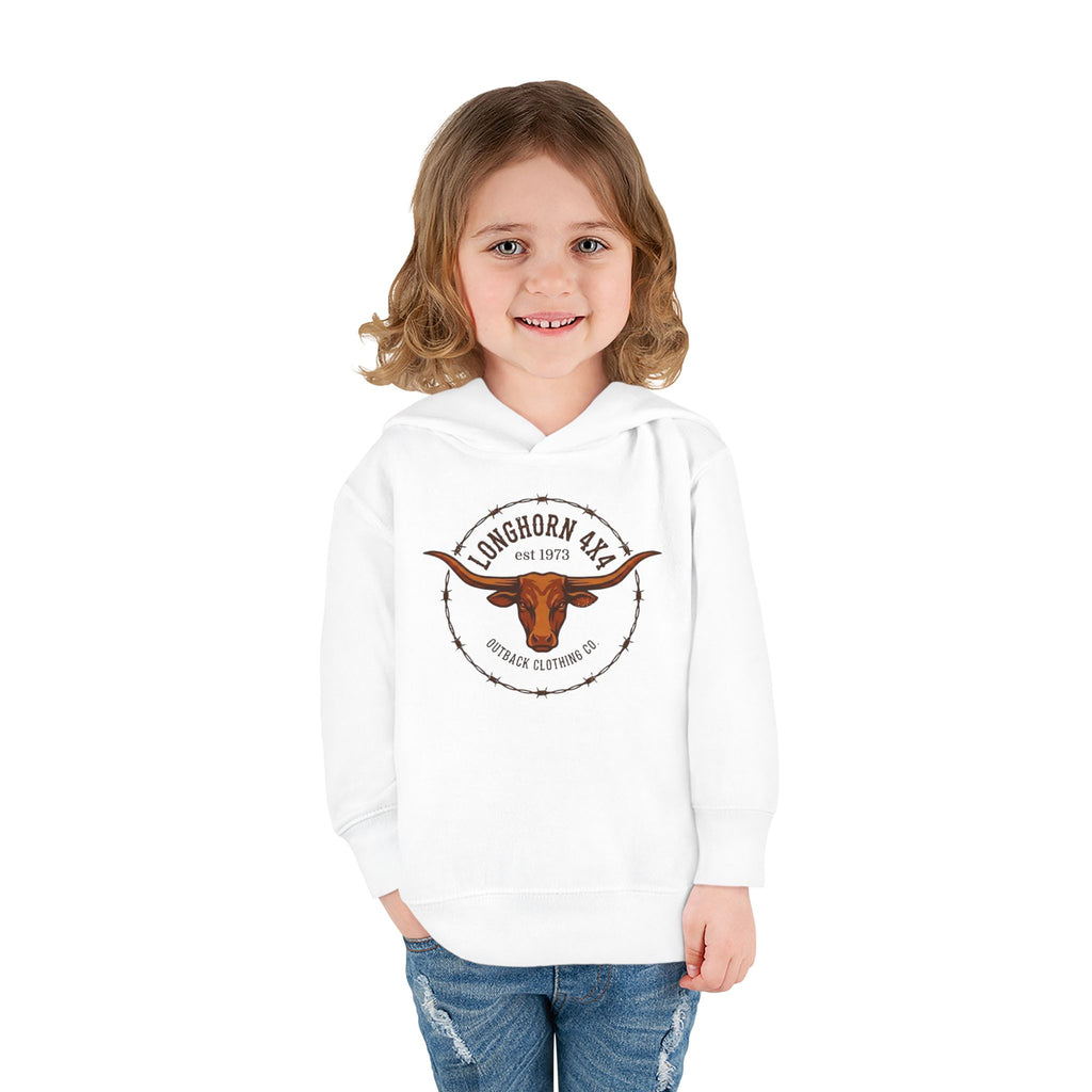 Child wearing a white hoodie with a longhorn logo on a white background