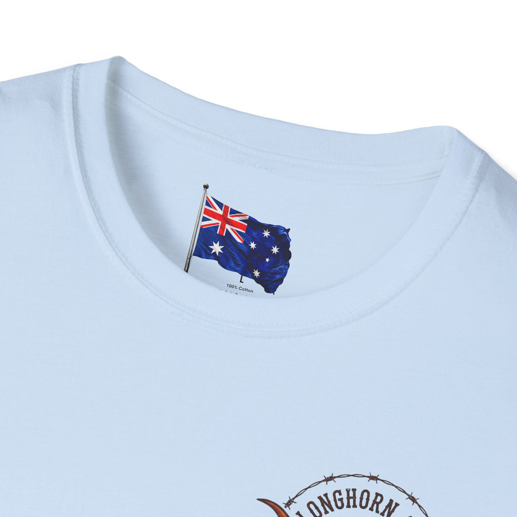 Light blue t-shirt with an Australian flag design on a white background
