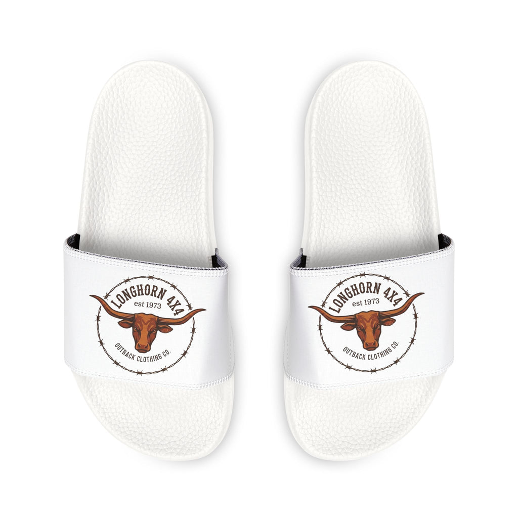 White slippers with a longhorn logo on a white background