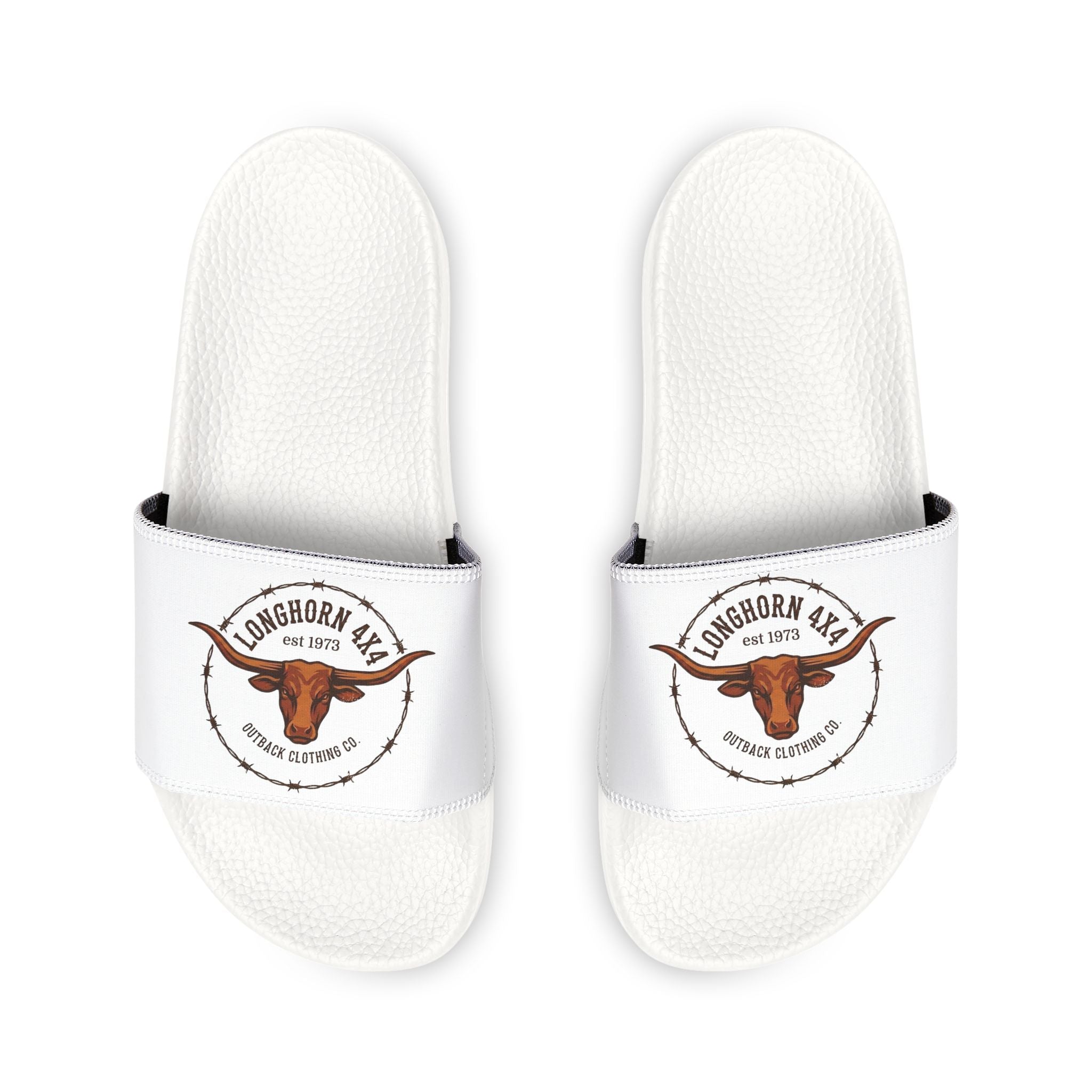 White slippers with a longhorn logo on a white background