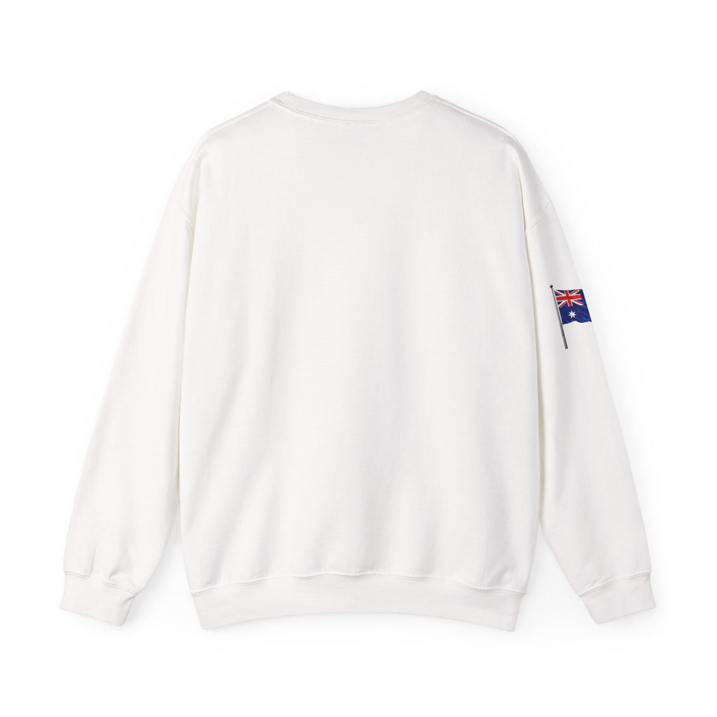 White sweatshirt with an Australian flag patch on the sleeve against a white background