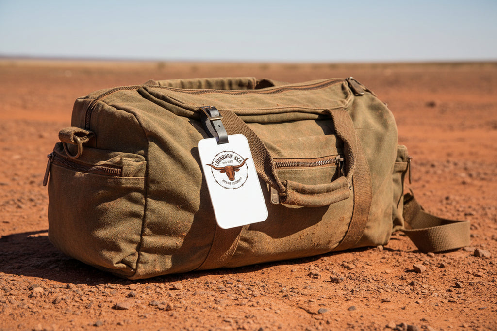 White luggage tag with brown longhorn design and strap on a white background