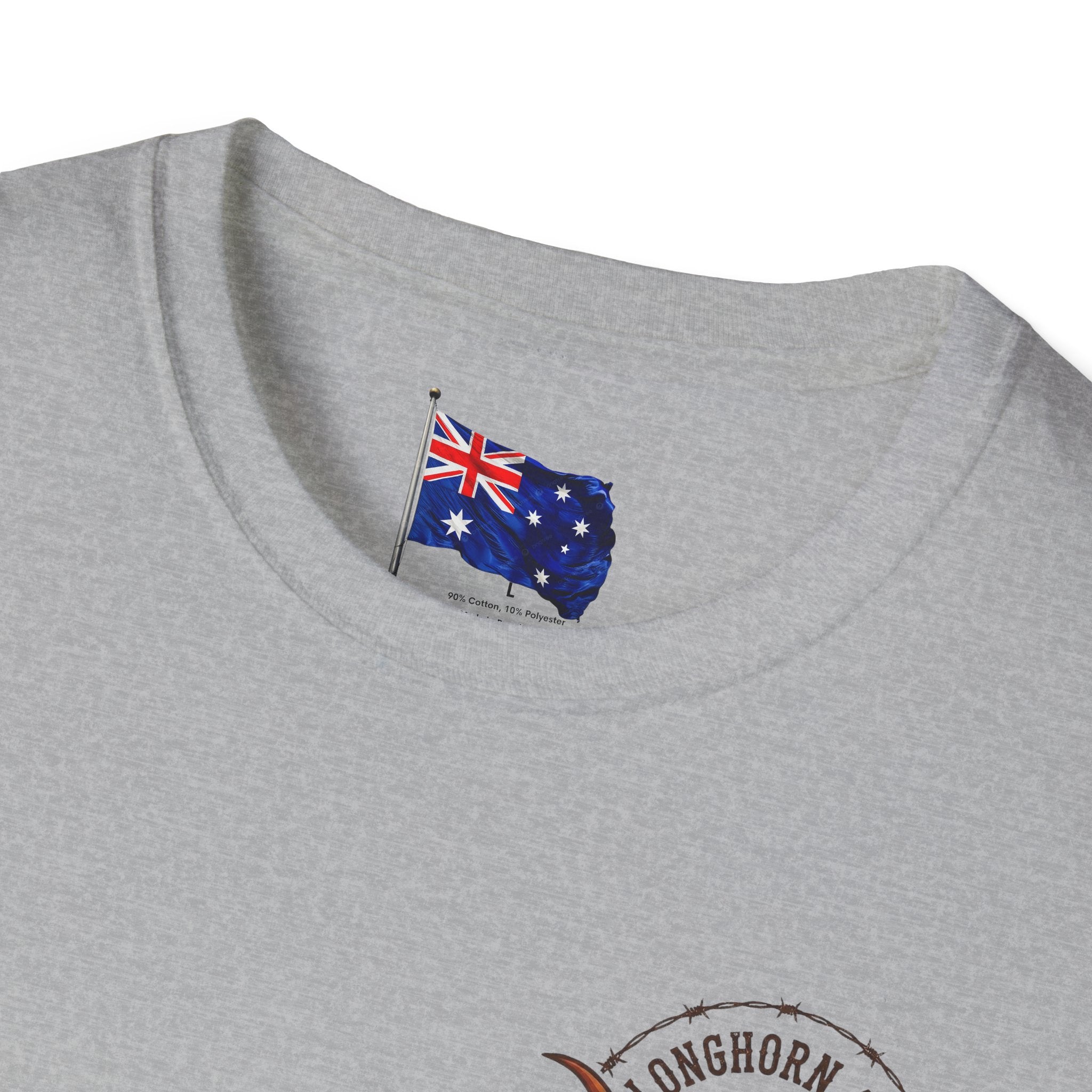 Gray t-shirt with an Australian flag patch on a white background