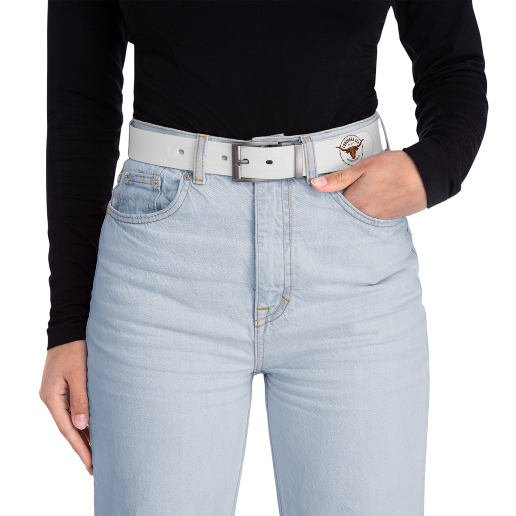 Person wearing light blue jeans with a gray belt on a white background
