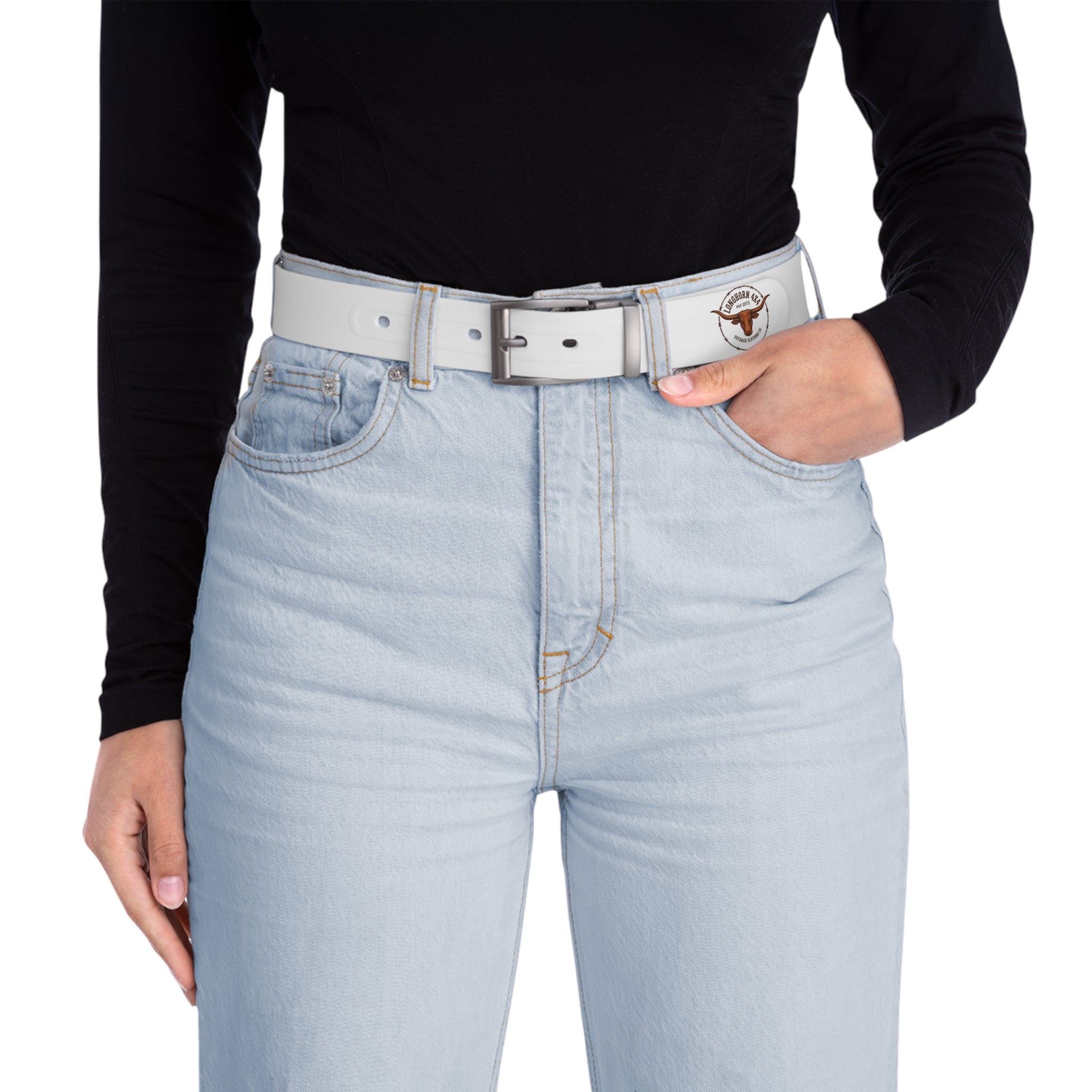 Person wearing light blue jeans with a gray belt on a white background