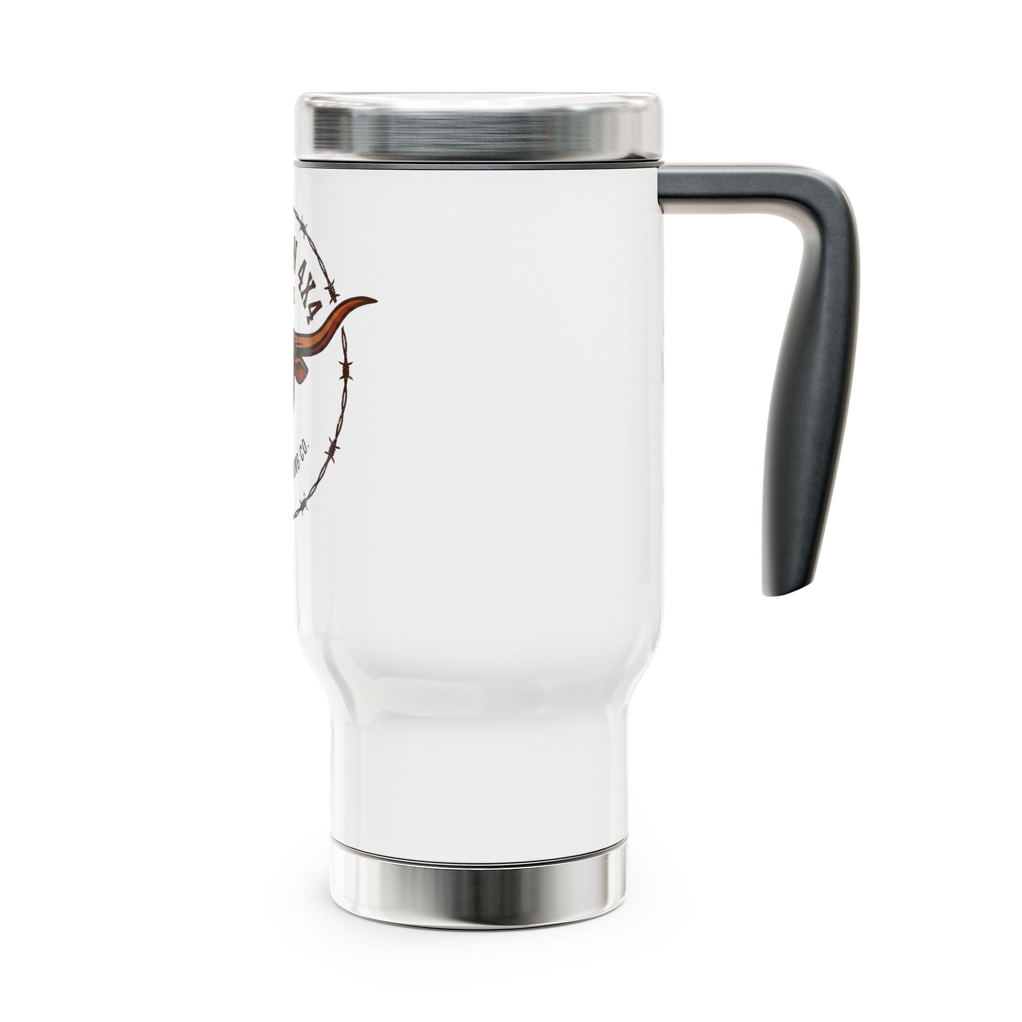 White travel mug with a black handle on a white background