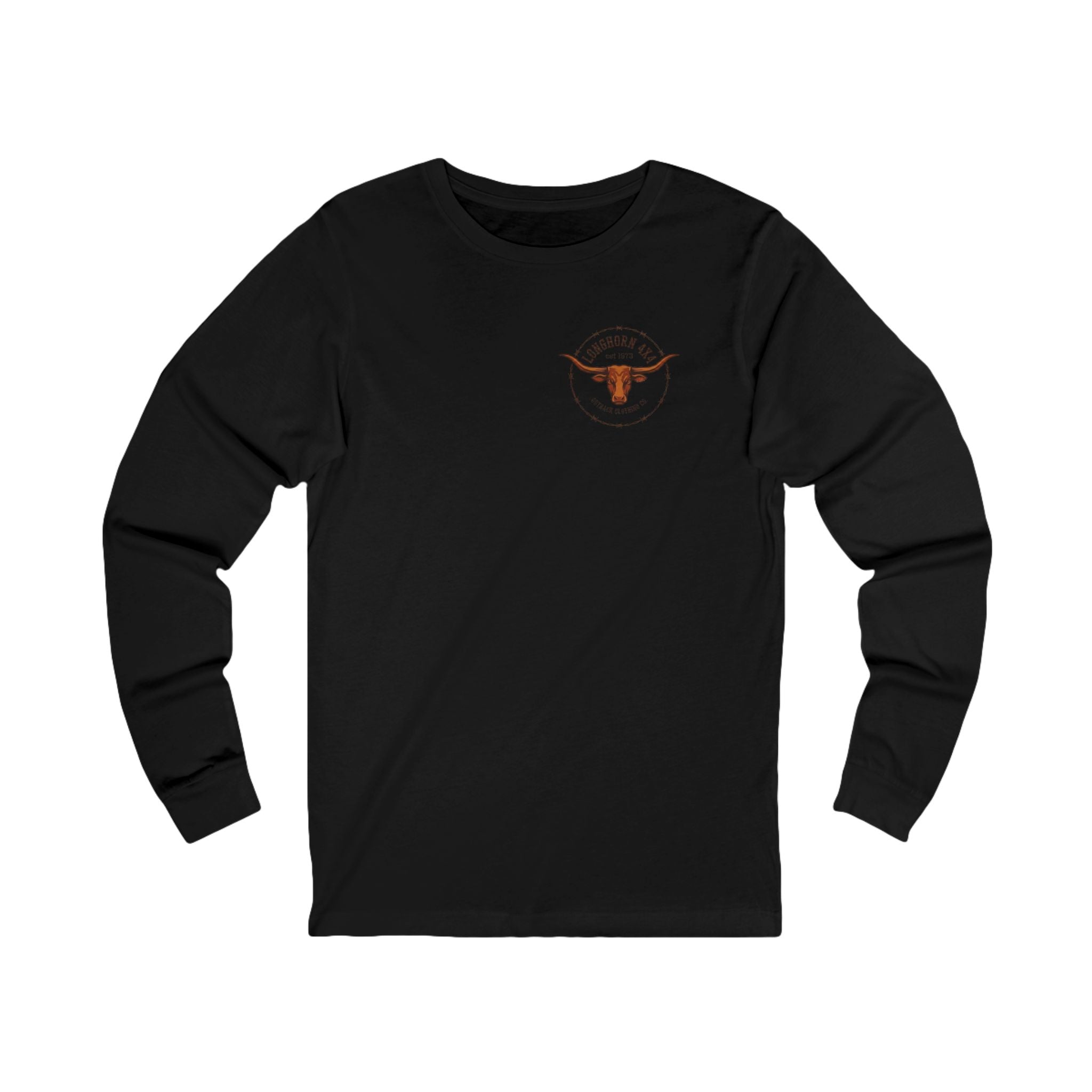 Black long-sleeve shirt with a logo on a white background