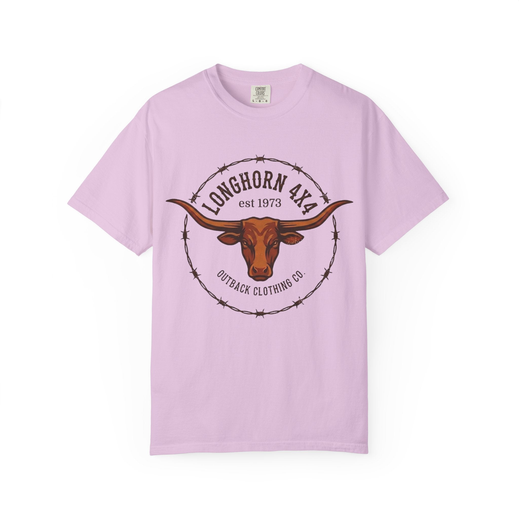 Pink t-shirt with longhorn logo and text on a white background