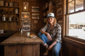 White and black trucker hat with a longhorn logo with a cowgirl in an outback cafe background