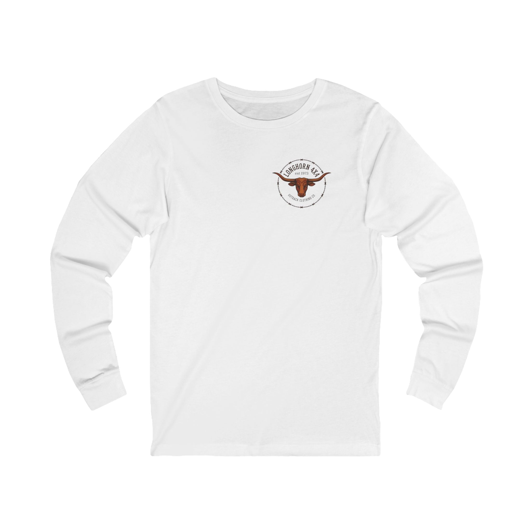 White long-sleeve shirt with a logo on a white background