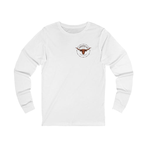White long-sleeve shirt with a logo on a white background