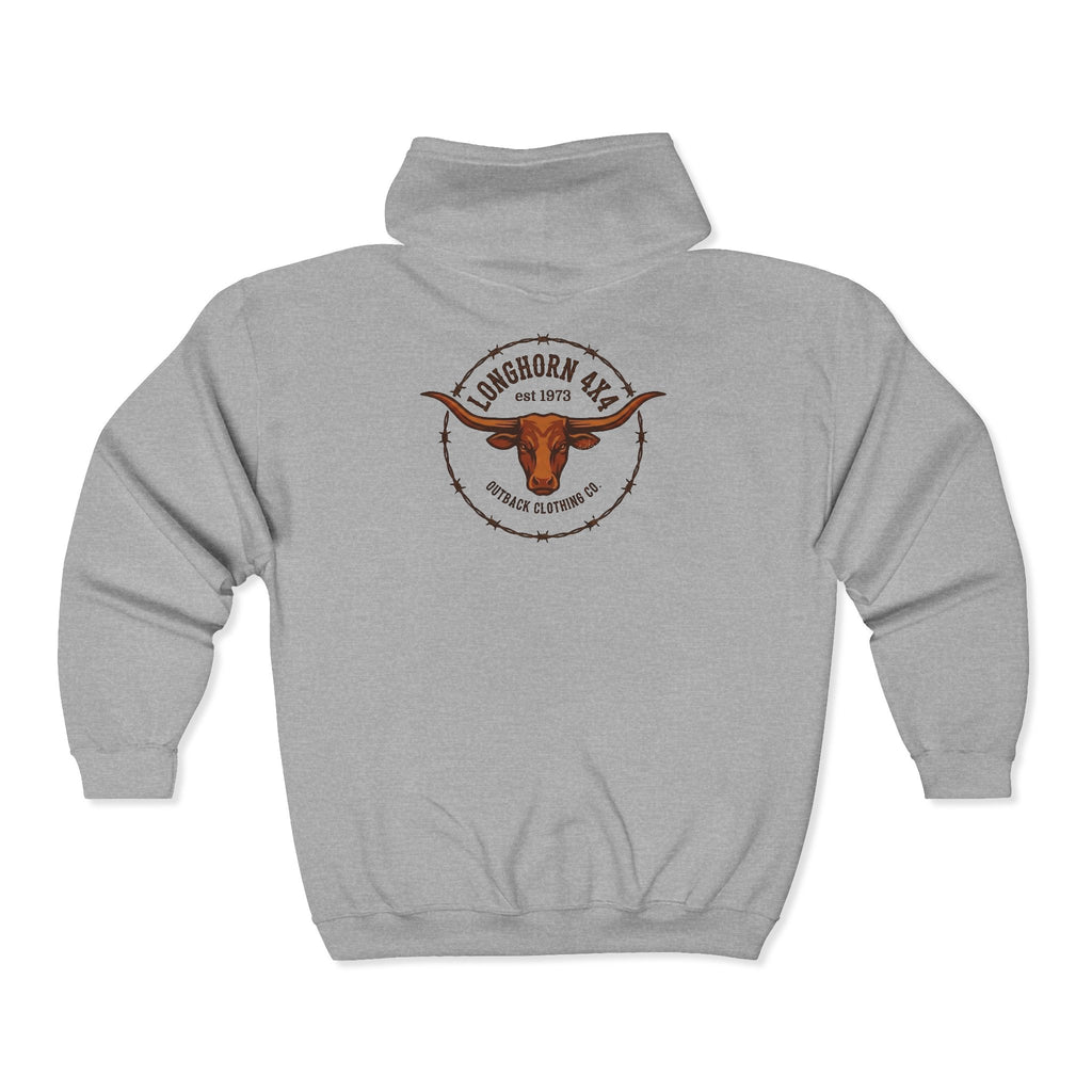Gray hoodie with a longhorn logo on the back against a white background