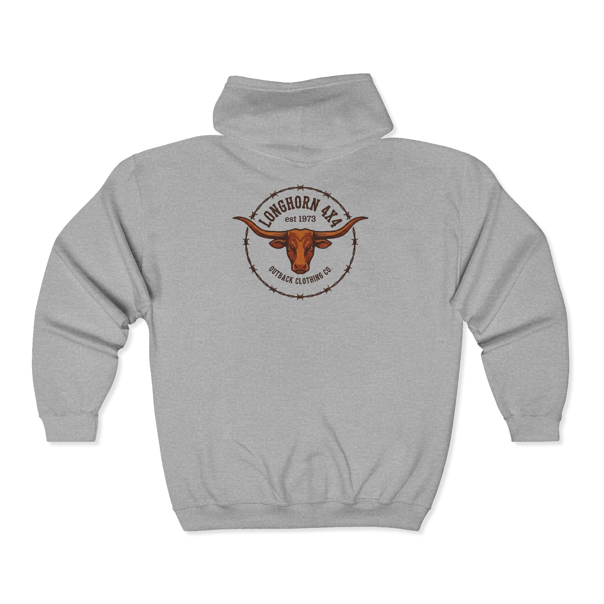 Gray hoodie with a longhorn logo on the back against a white background